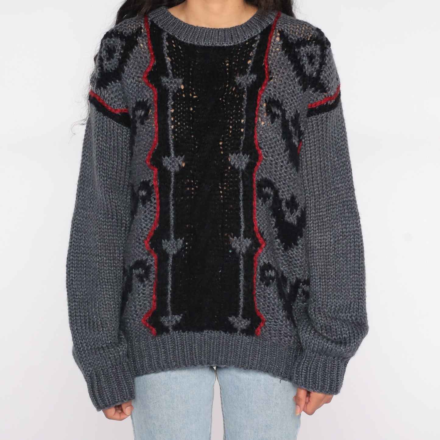 80s Geometric Abstract Sweater Grey Black Semi-Sheer Knit Pullover Extra Large