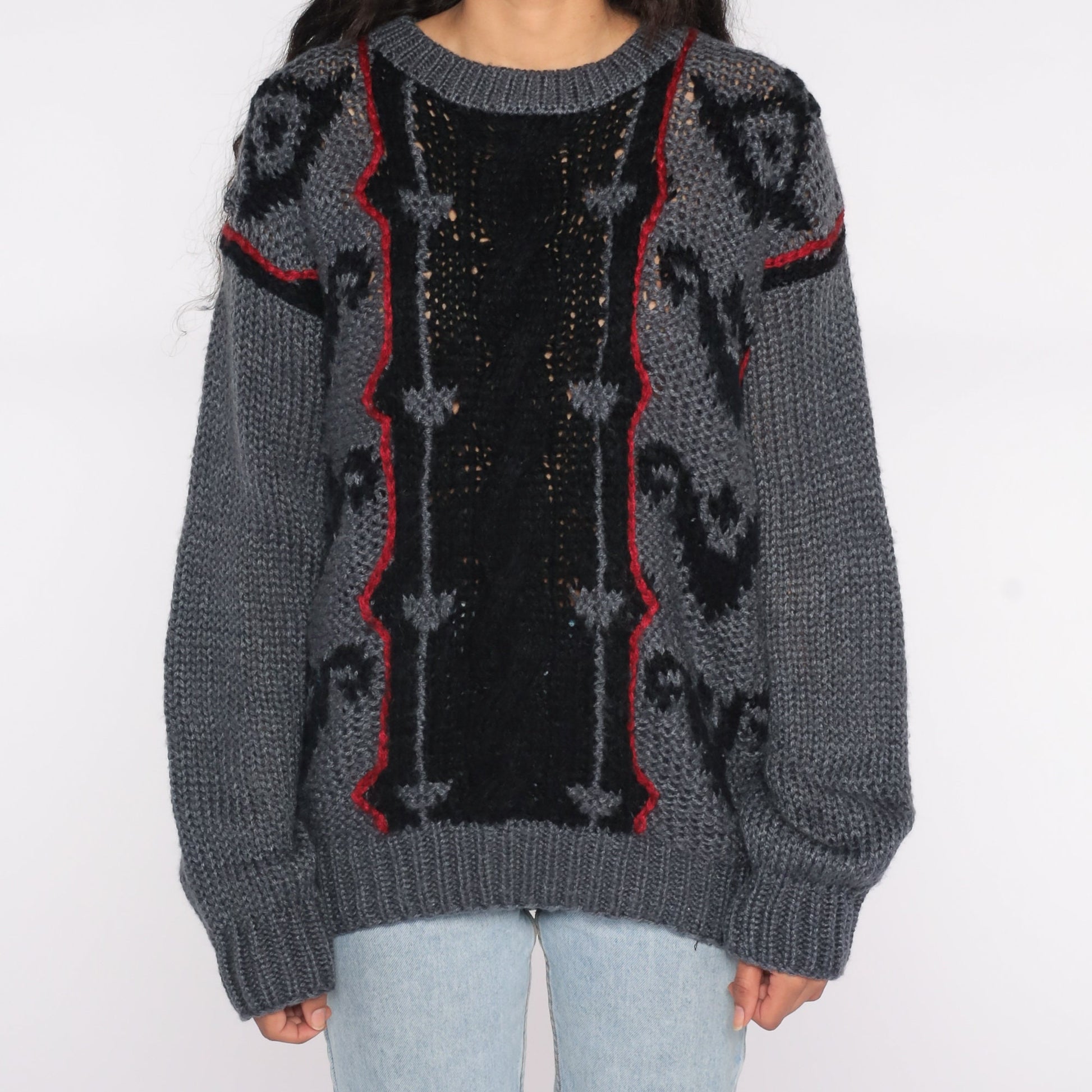 80s Geometric Abstract Sweater Grey Black Semi-Sheer Knit Pullover Extra Large