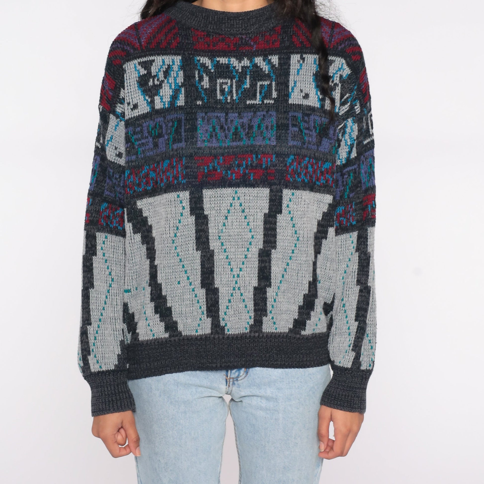 90s Geometric Sweater Charcoal Grey Red Knit Crewneck Large