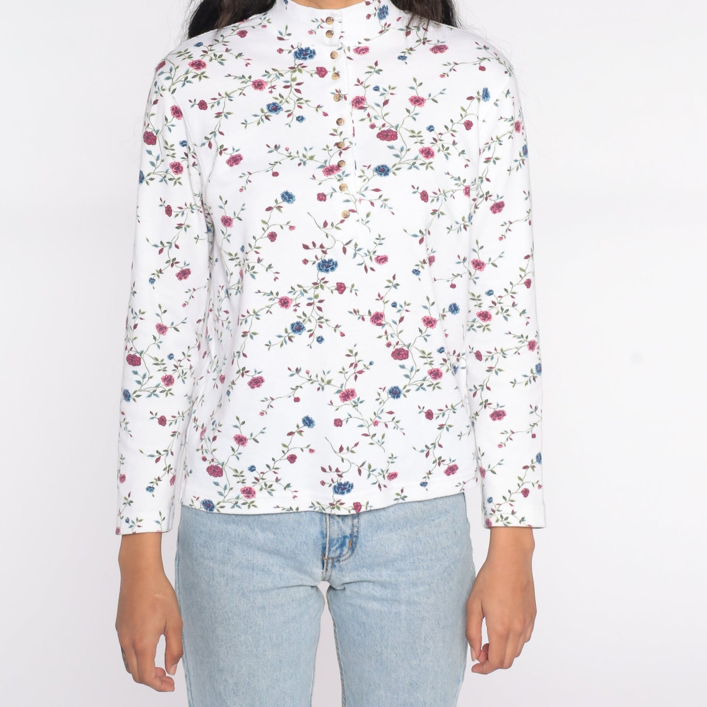 90s Floral Mock Neck Shirt White Long Sleeve Quarter Button Top Small