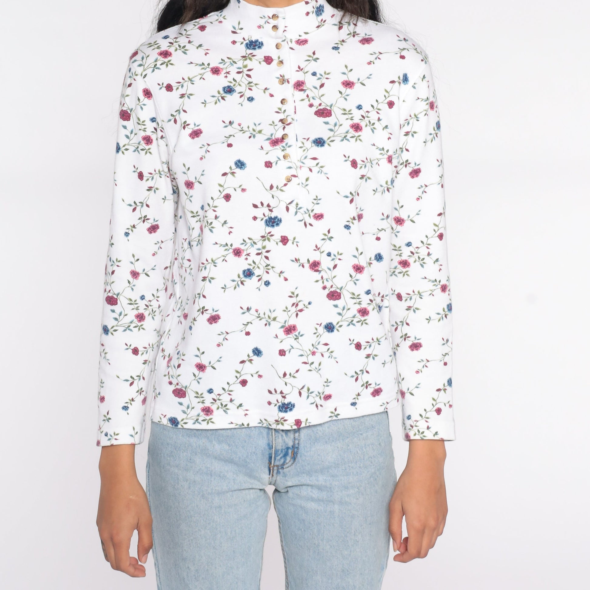 90s Floral Mock Neck Shirt White Long Sleeve Quarter Button Top Small