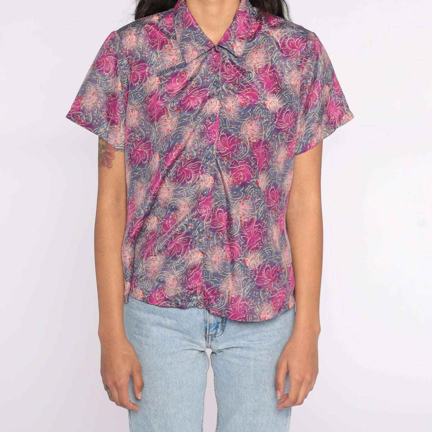 80s Abstract Print Button Up Shirt Purple Pink Psychedelic Short Sleeve Large