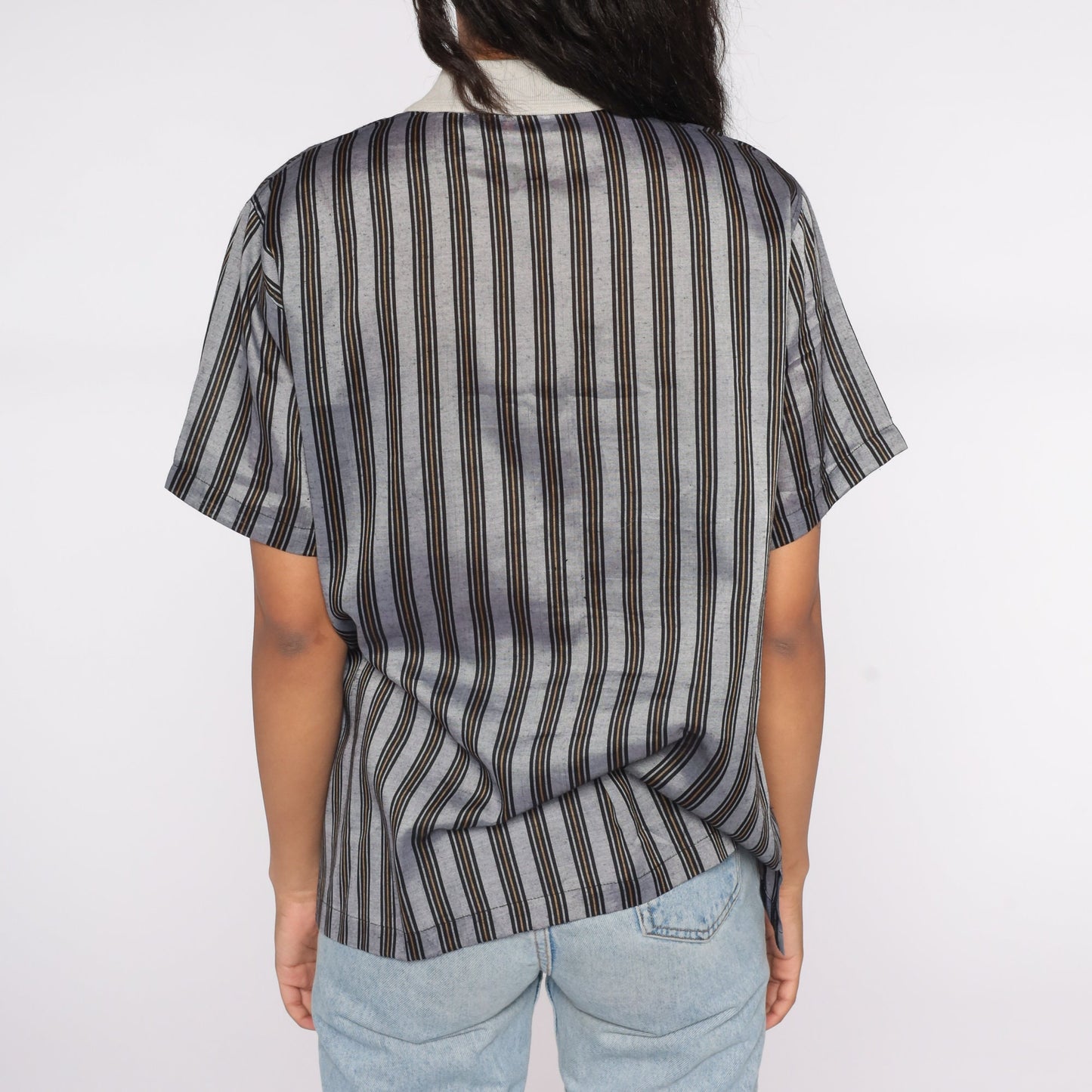 90s Striped Polo Shirt Embroidered G Crest Grey Black Gold Large