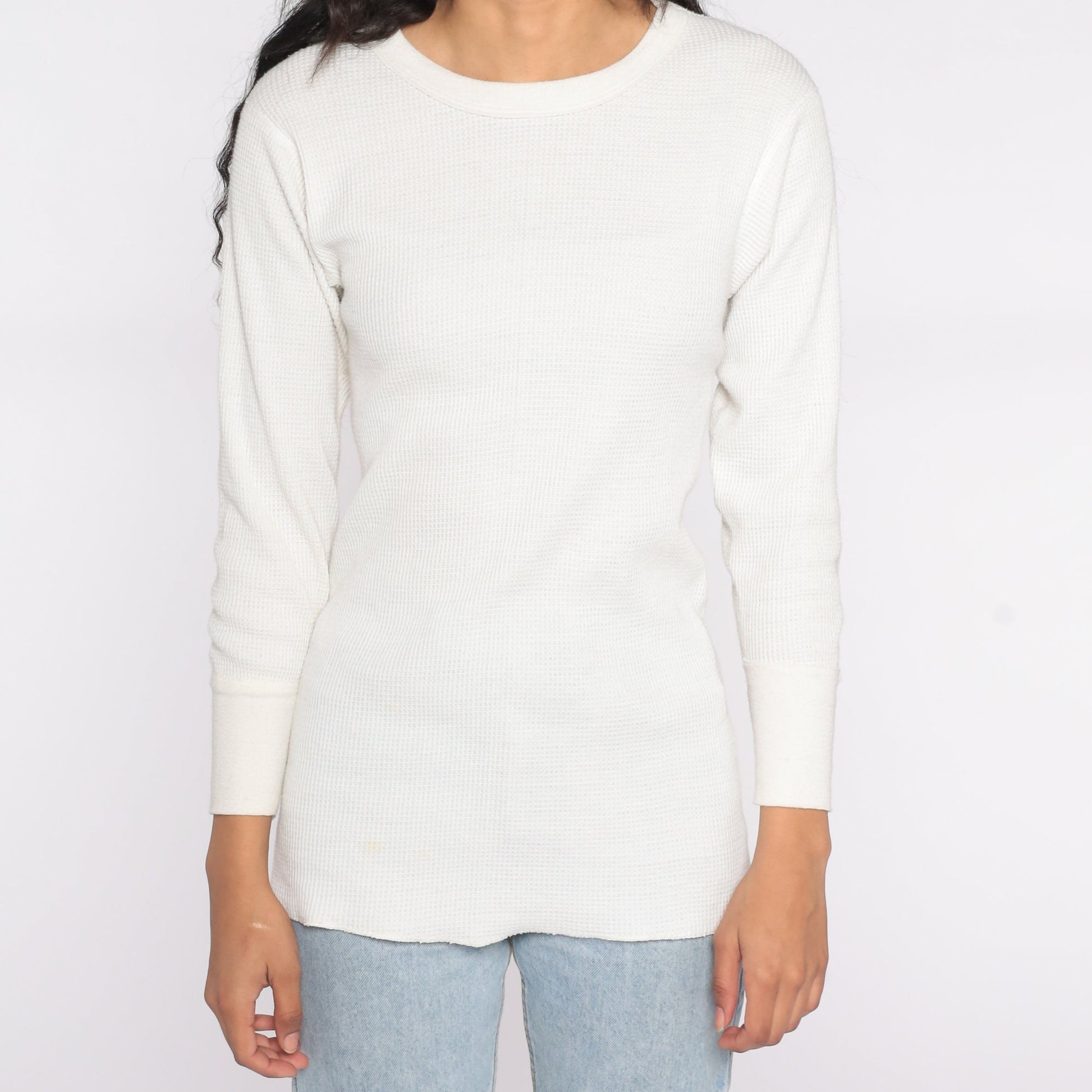 80s White Waffle Knit Thermal Long Sleeve Undershirt Medium