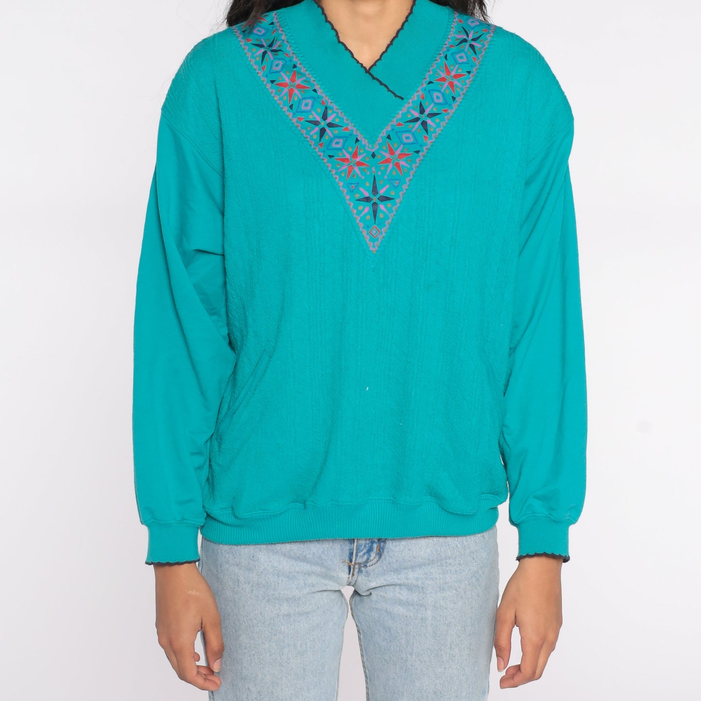 80s Teal Geometric Necklace Print Sweatshirt Scalloped Collar Medium