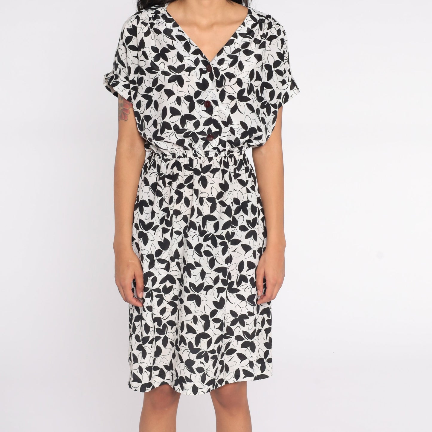 80s Black White Floral Midi Dress Button-Up Short Sleeve Medium