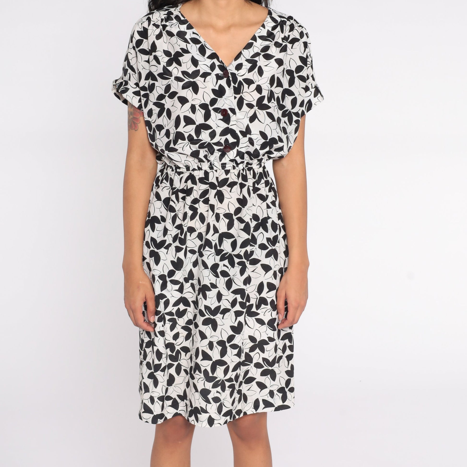 80s Black White Floral Midi Dress Button-Up Short Sleeve Medium