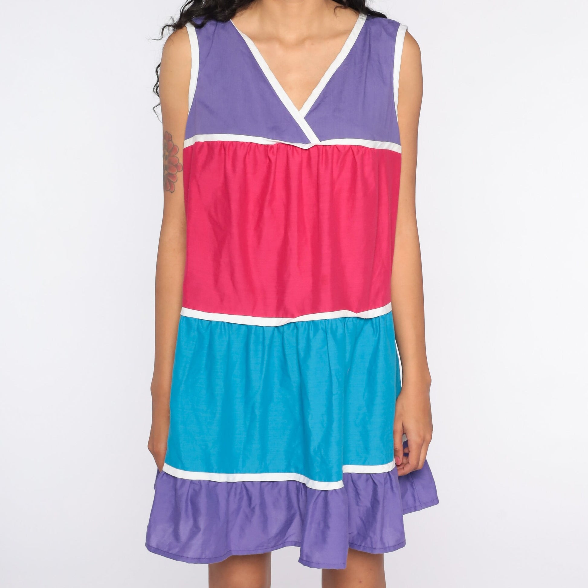 80s Color Block Mini Tank Dress Pink Purple Striped Tent Cut Large L