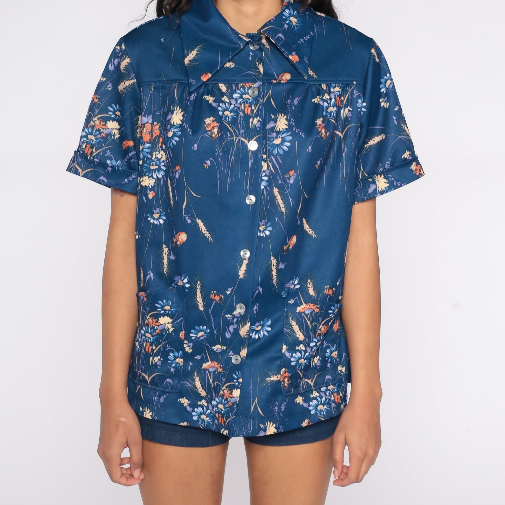 70s Navy Floral Button-Up Blouse Dagger Collar Short Sleeve Large L
