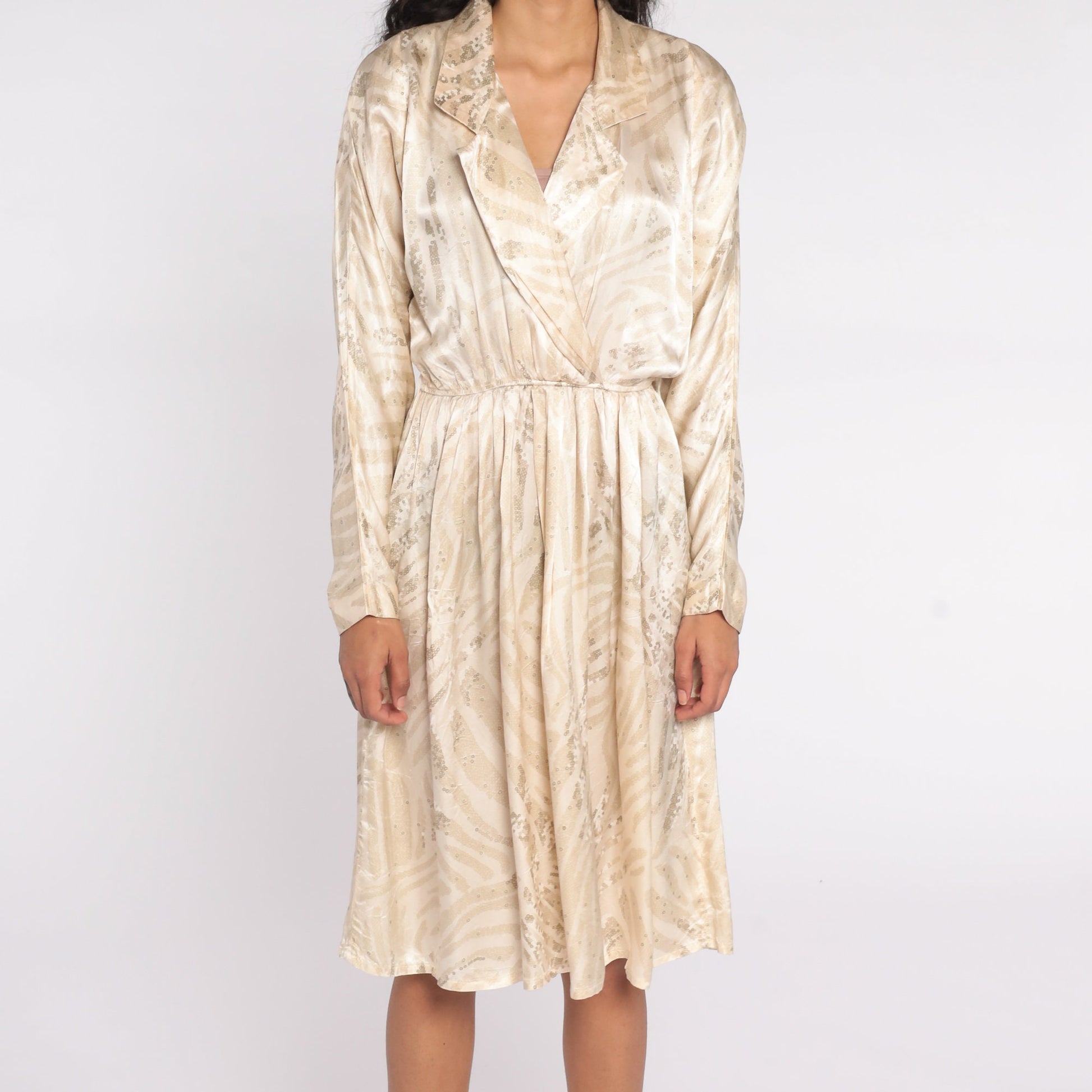 80s Leslie Fay Wrap Dress Geometric Print Midi Dolman Sleeve Deep V Small