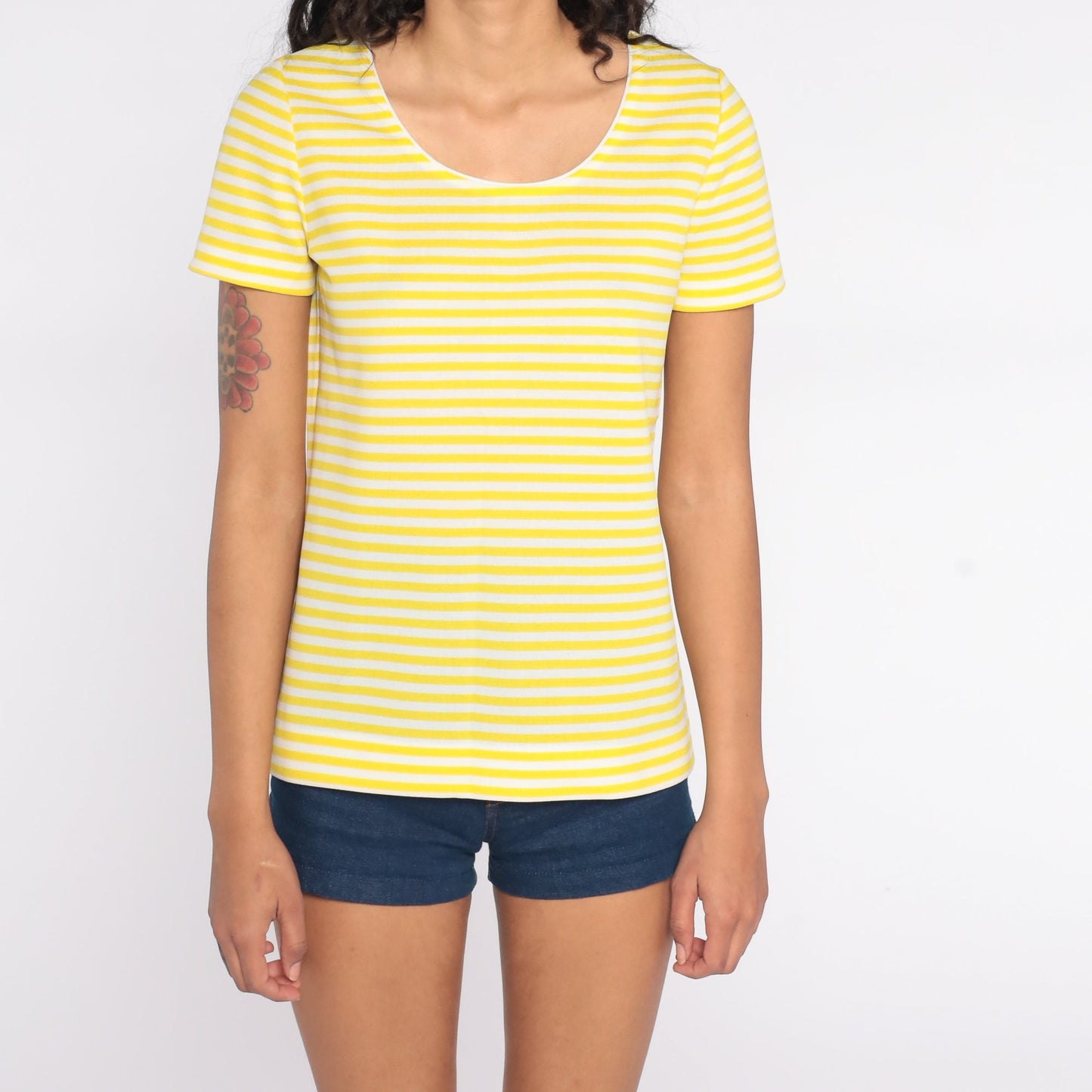 70s Yellow White Striped Scoop Neck T-Shirt Short Sleeve Vintage Tee Small
