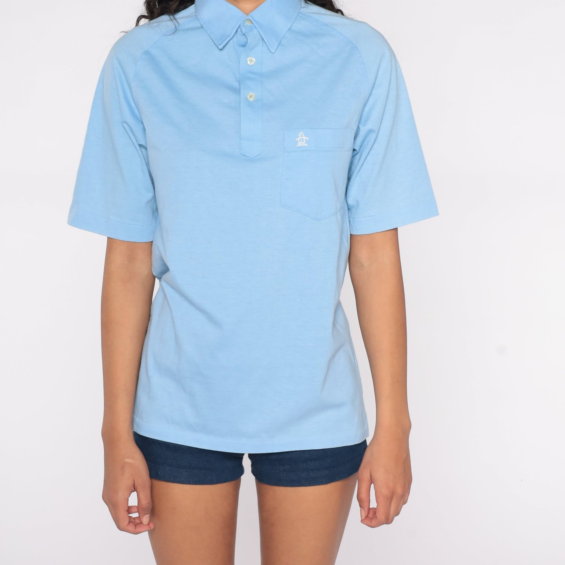 80s Munsingwear Penguin Polo Shirt Baby Blue Half-Button Pocket Medium