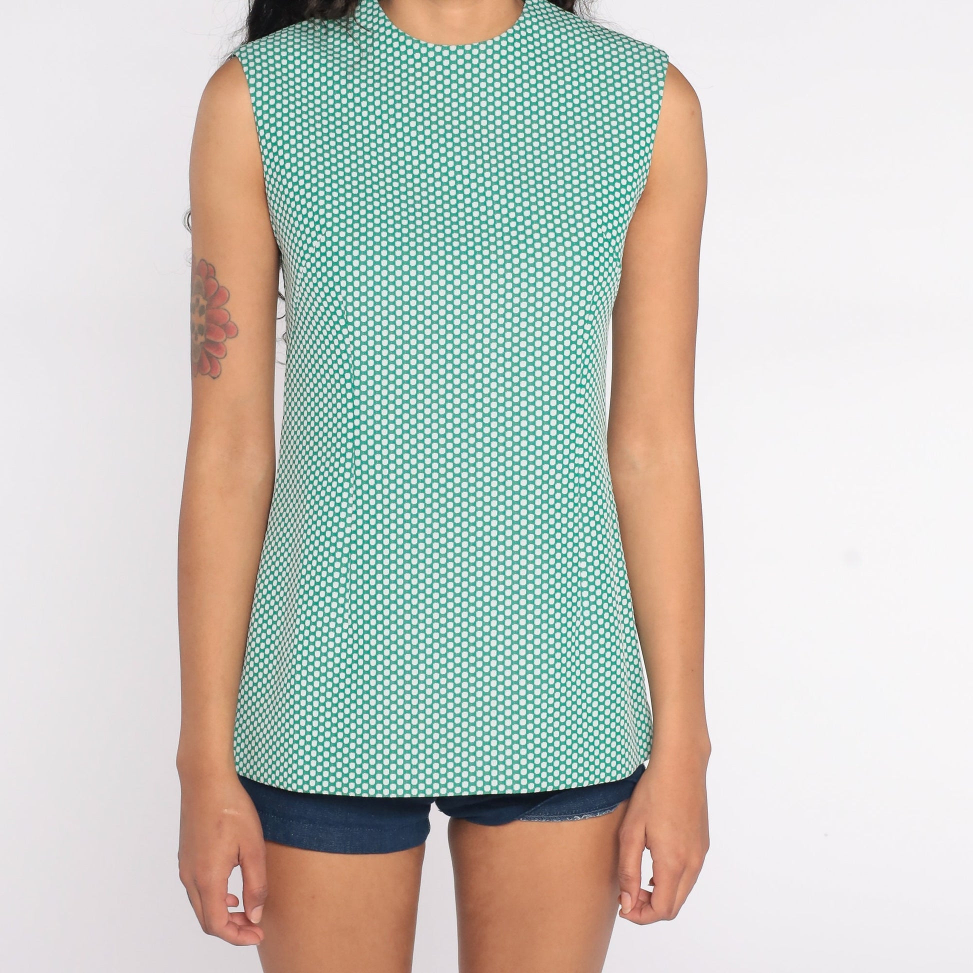 70s Green Polka Dot Sleeveless Blouse Tank Top Small