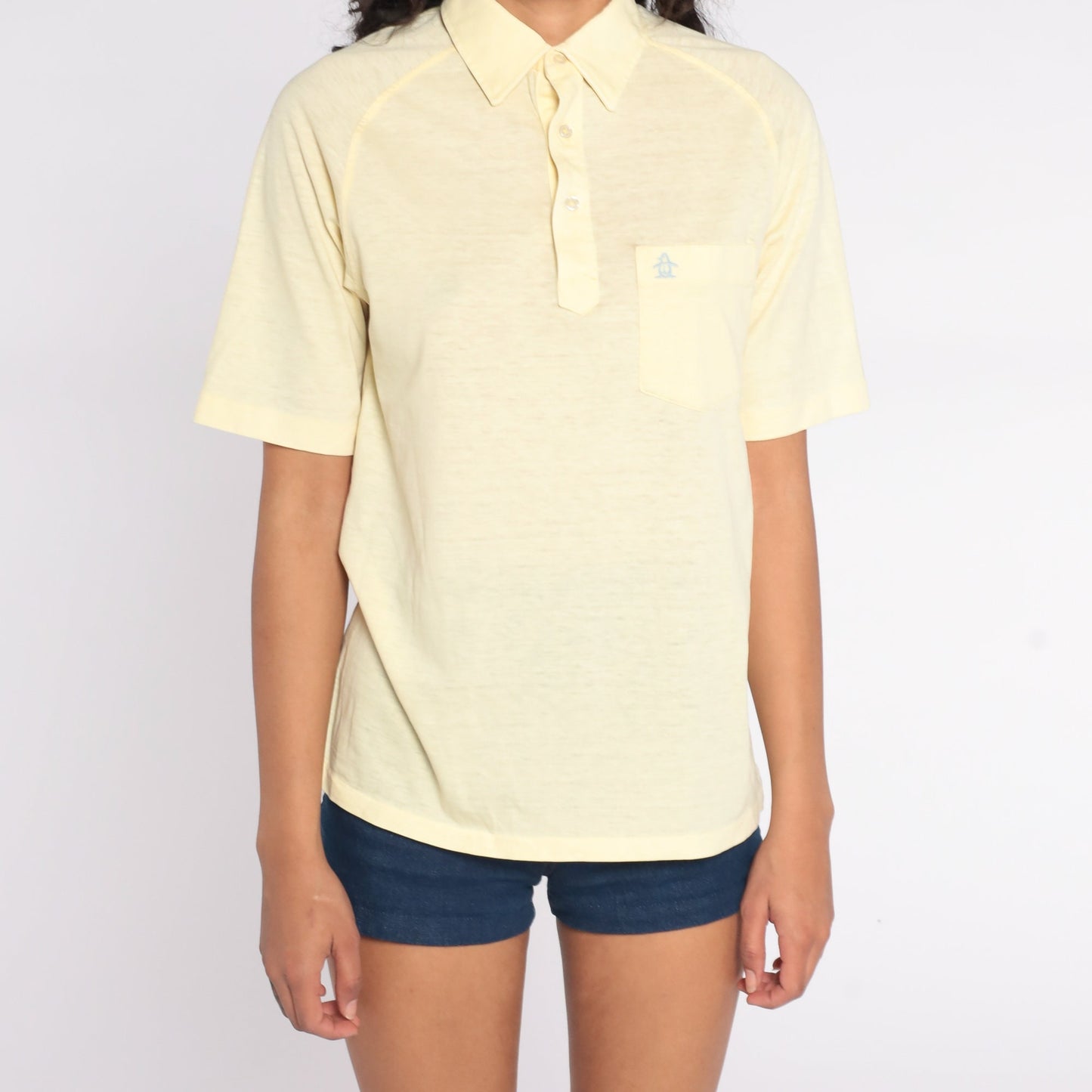 70s Munsingwear Penguin Polo Shirt Yellow Half-Button Short Sleeve Small