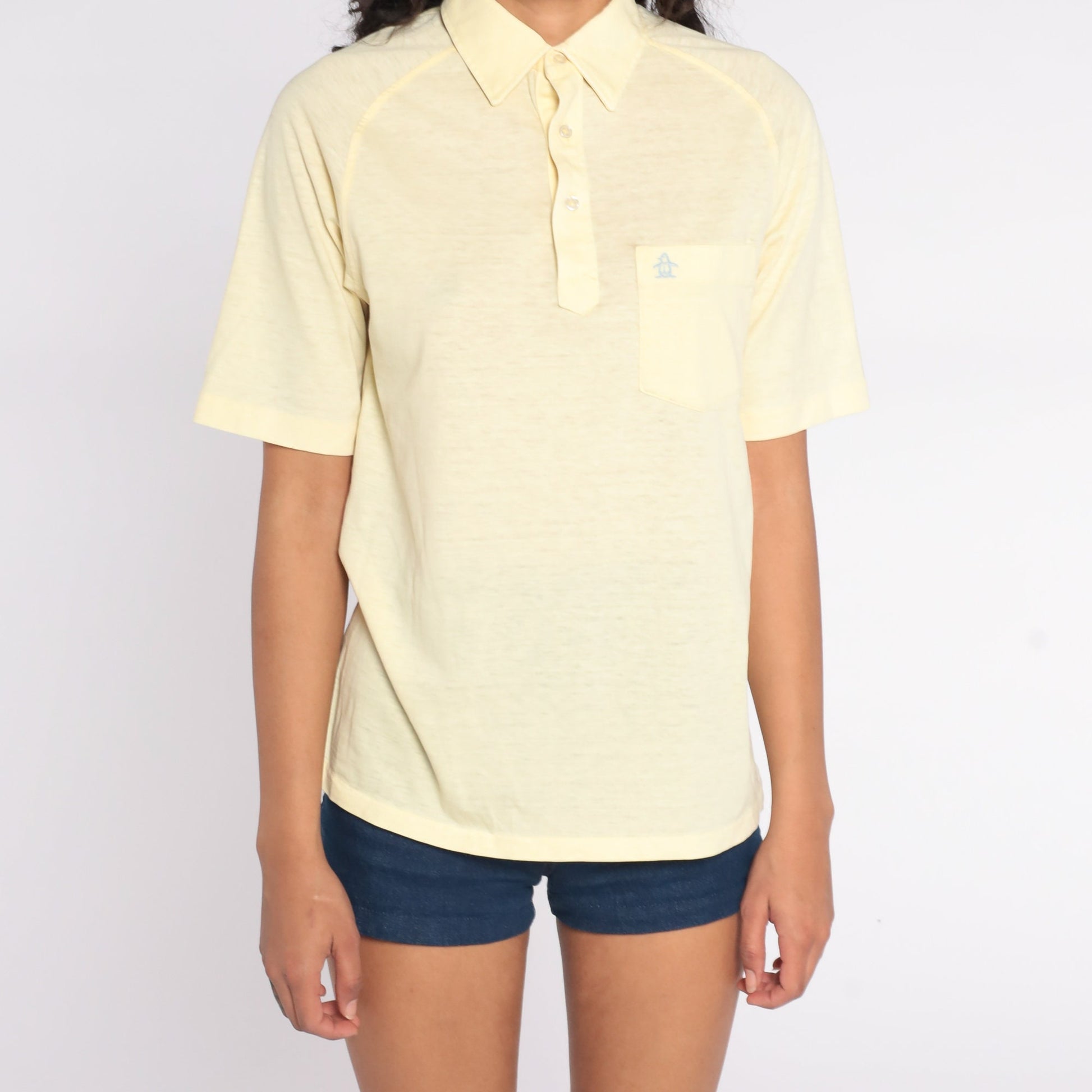 70s Munsingwear Penguin Polo Shirt Yellow Half-Button Short Sleeve Small