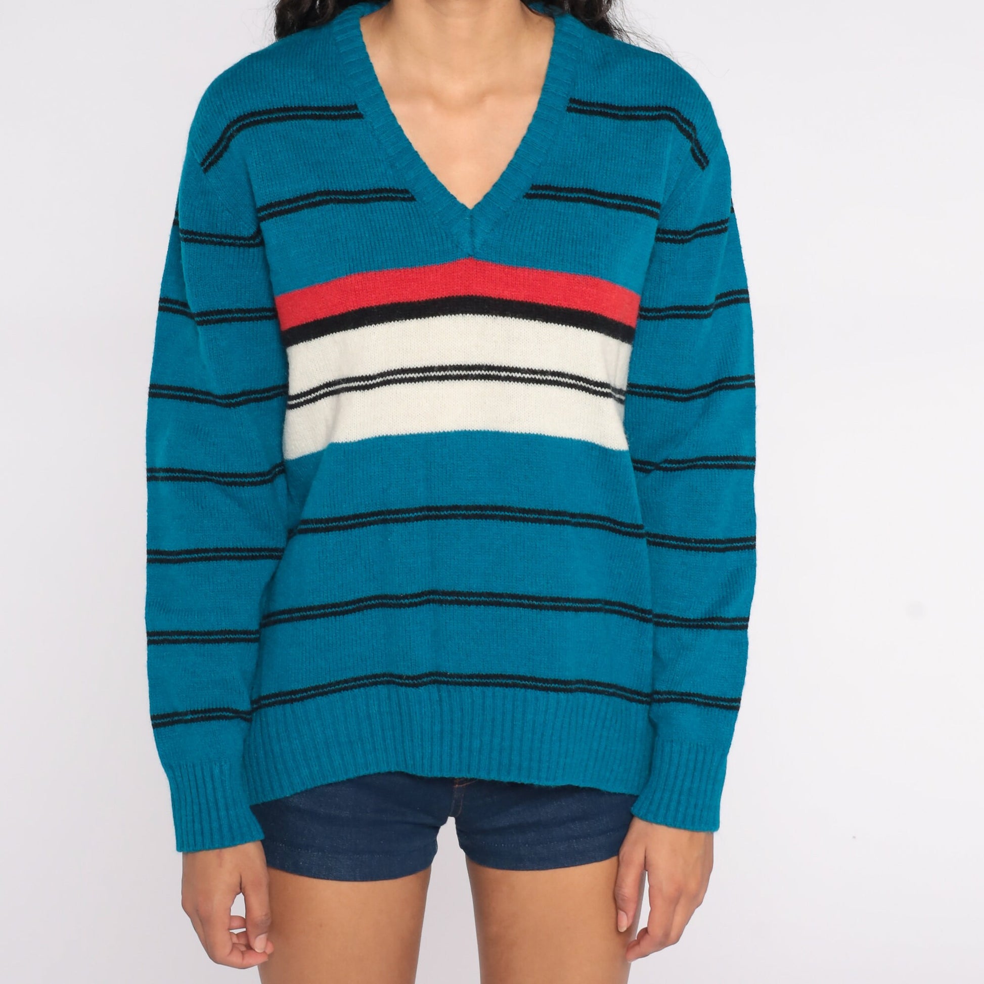 80s Le Tigre Striped V-Neck Sweater Turquoise Red White Black Medium M