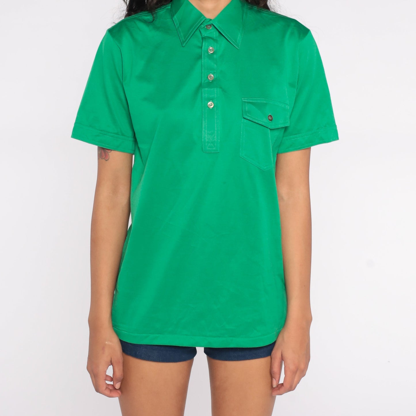 70s Green Polo Shirt Half Button Cotton Blend Short Sleeve Small