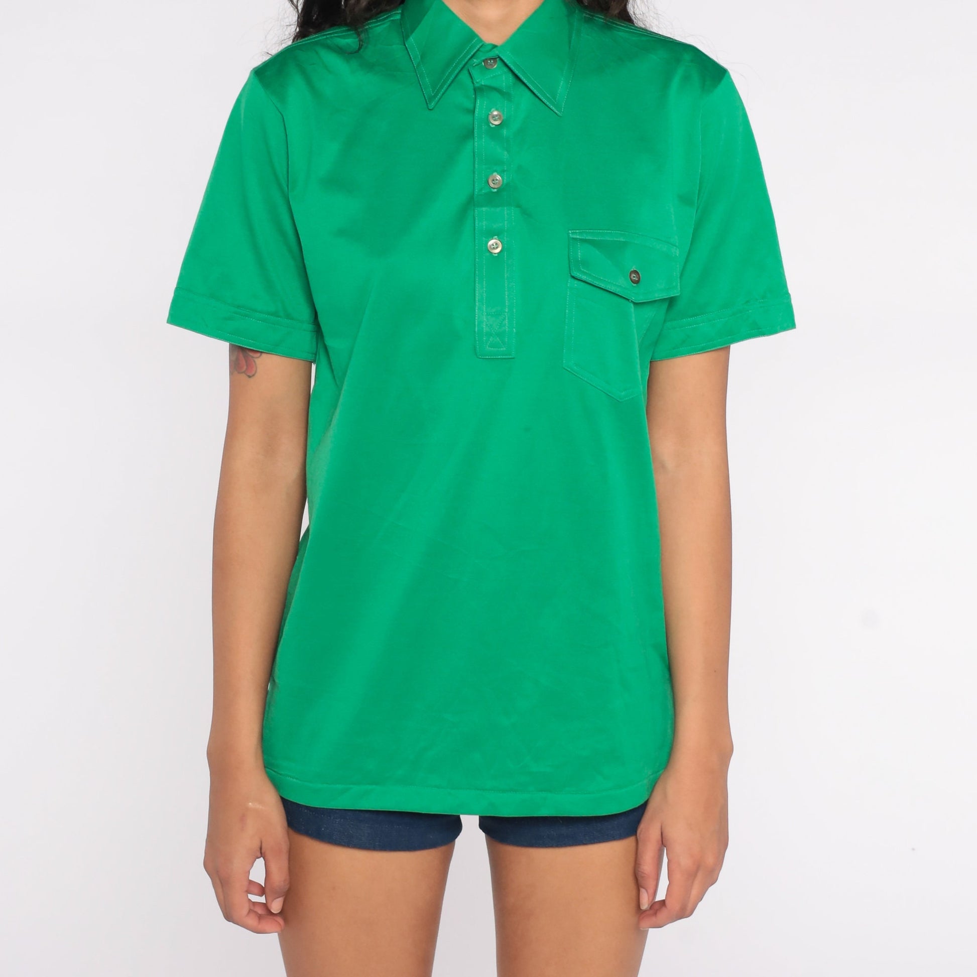 70s Green Polo Shirt Half Button Cotton Blend Short Sleeve Small