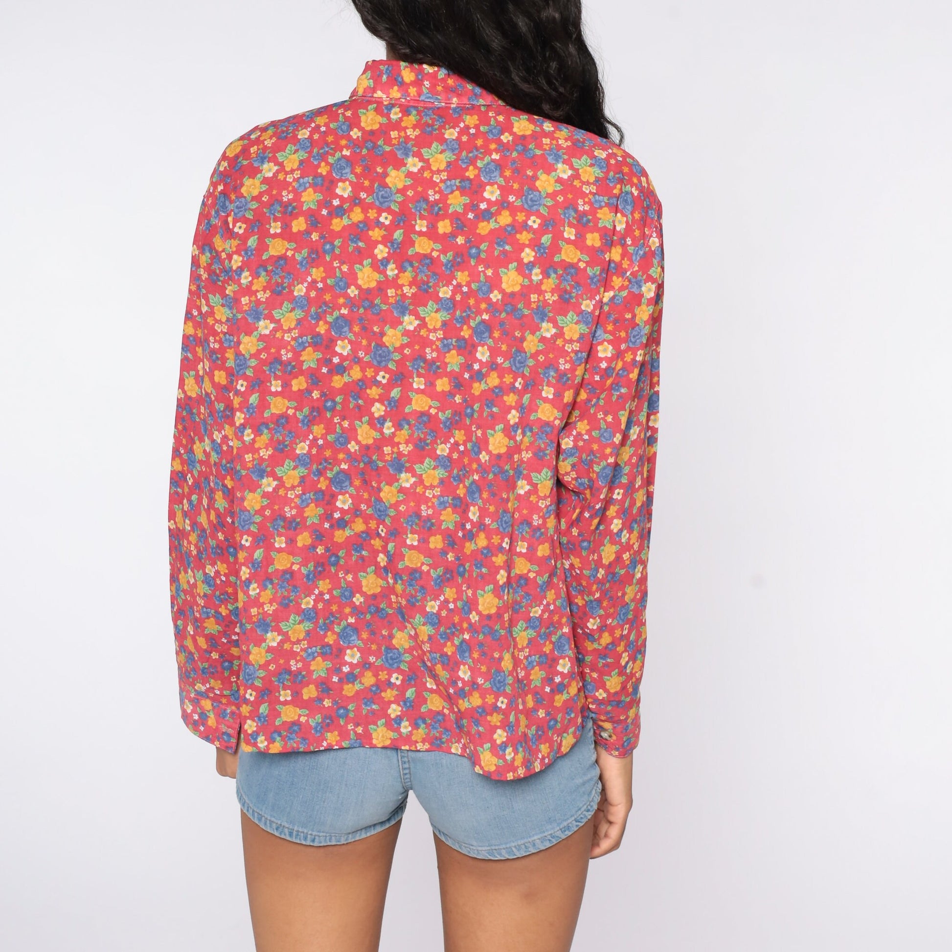 80s Pink Floral Button-Up Blouse Long Sleeve Vintage Shirt Extra Large XL