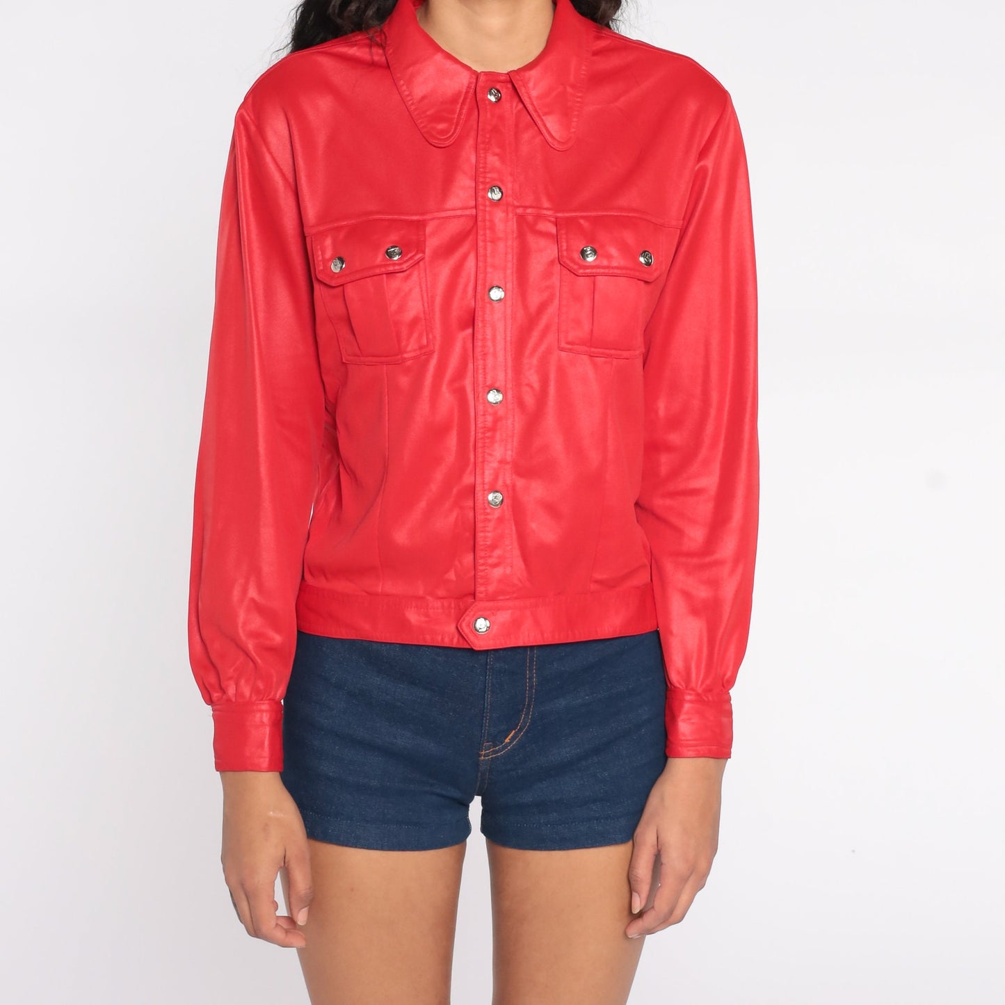 70s Red Shimmery Biker Blouse Snap-Front Long Sleeve Shirt Small