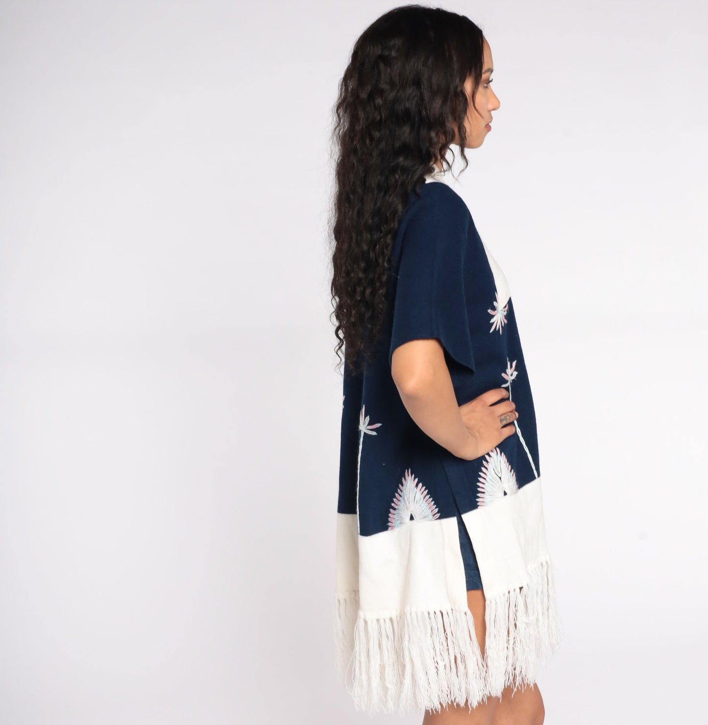 70s Navy Knit Poncho Sweater Floral Embroidery Fringe Shawl Medium Large