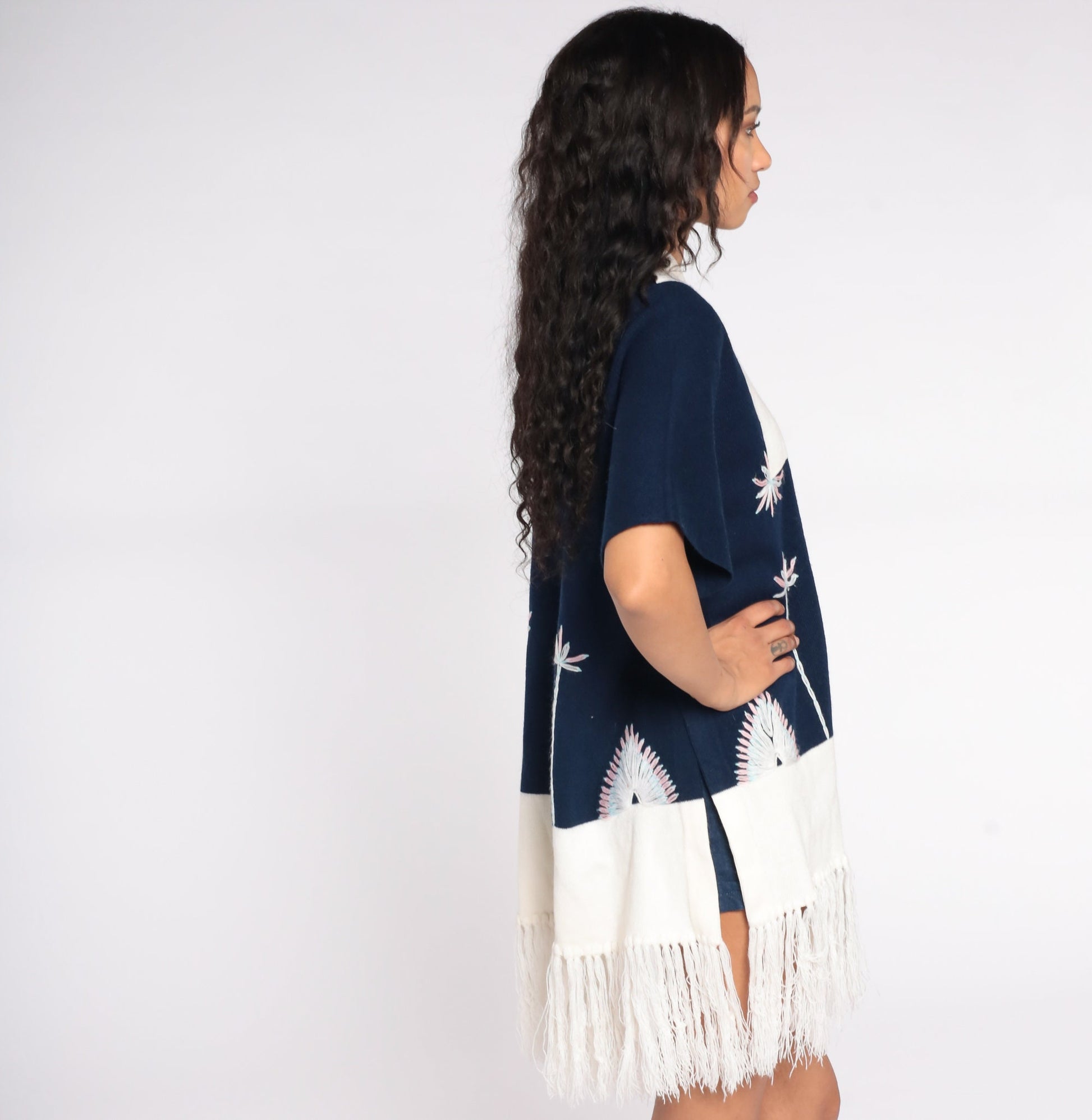 70s Navy Knit Poncho Sweater Floral Embroidery Fringe Shawl Medium Large