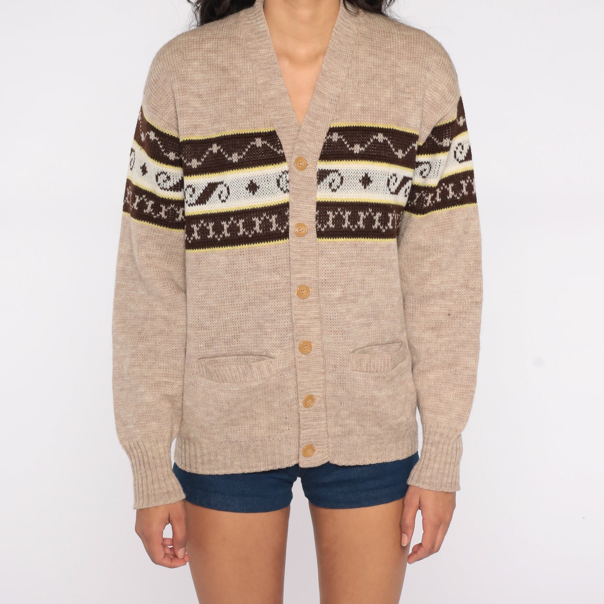 70s Brown Wool Cardigan Virgin Wool Button-Up Knit Sweater Large L