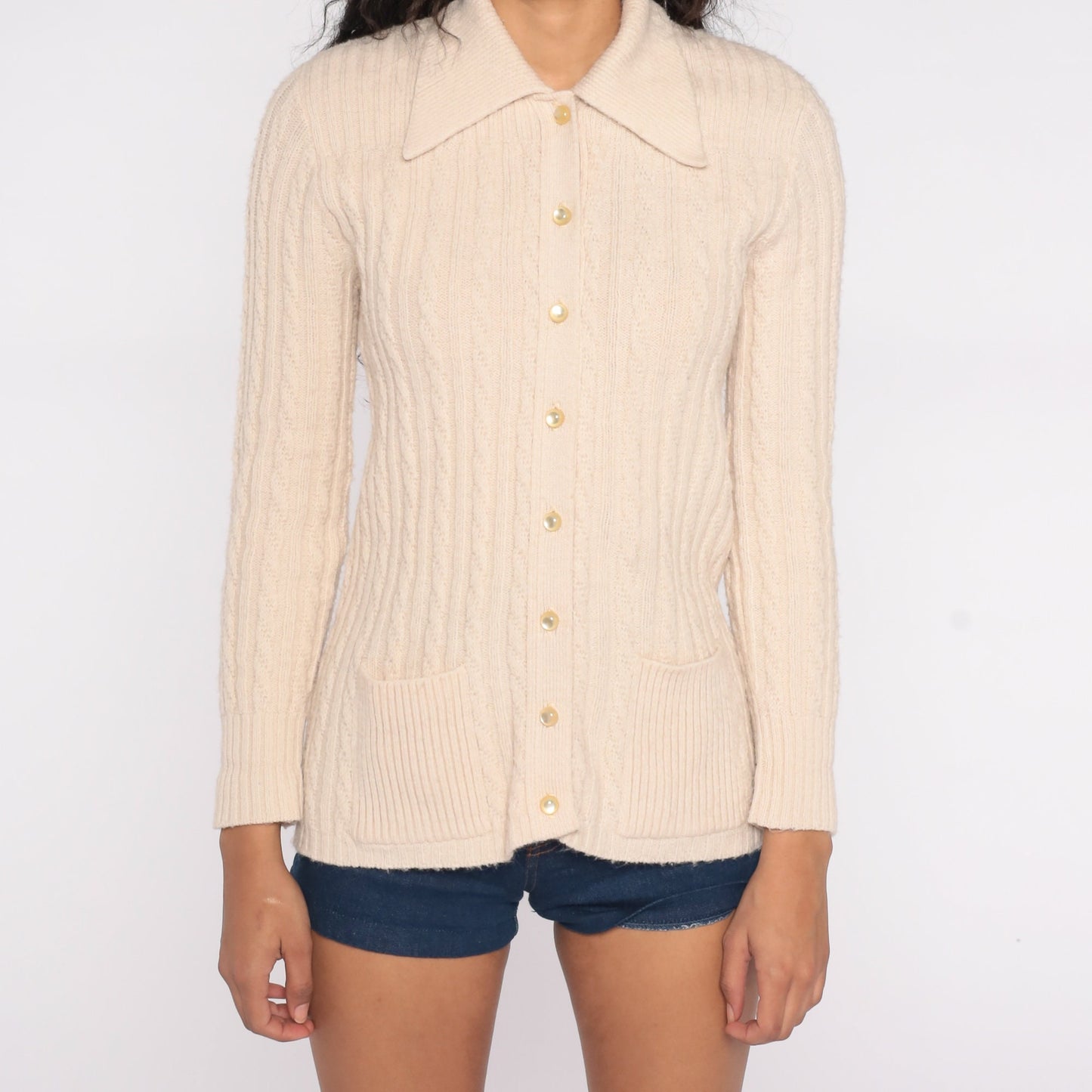 70s Cream Cable Knit Cardigan Dagger Collar Button Up Small