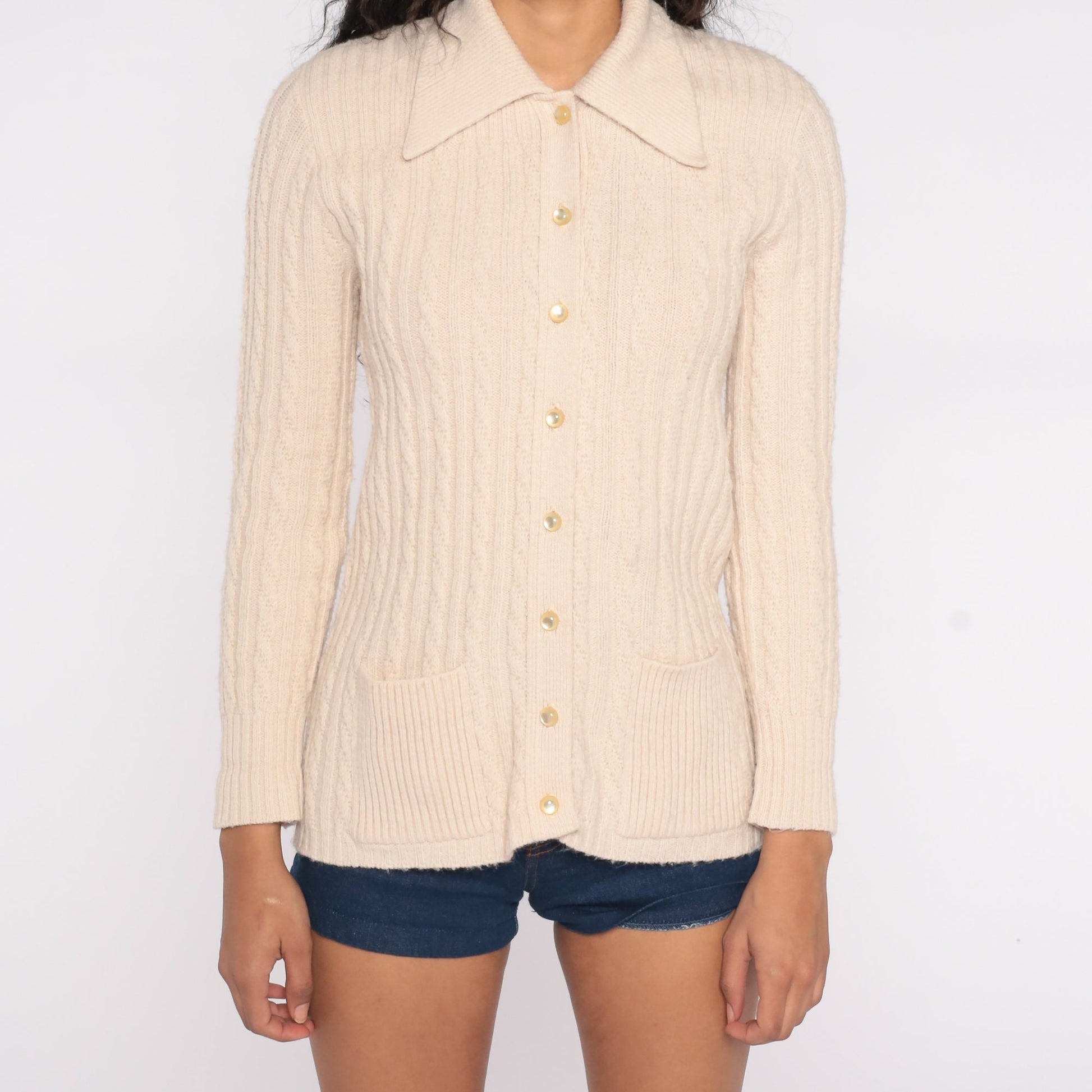 70s Cream Cable Knit Cardigan Dagger Collar Button Up Small