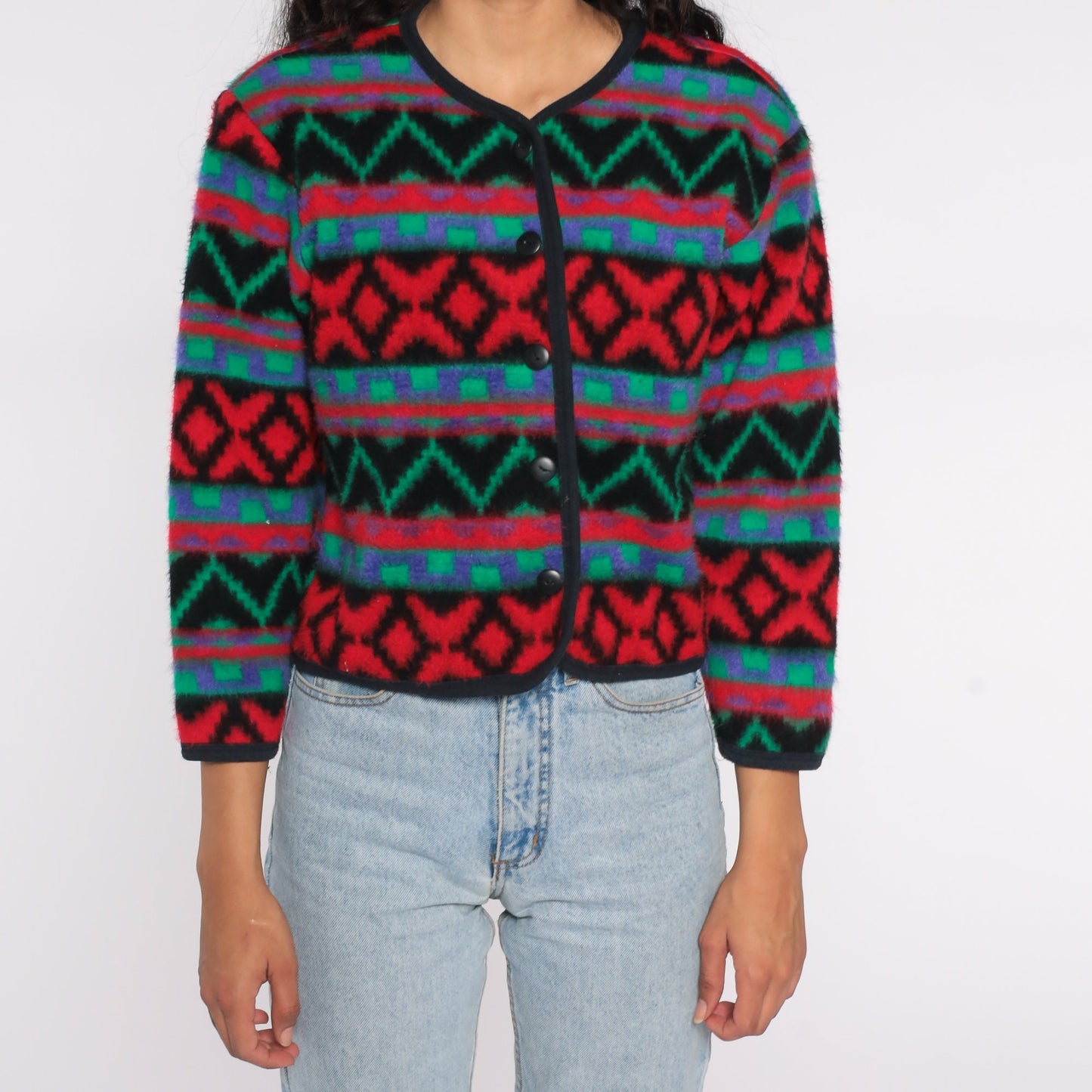 90s Southwestern Fleece Jacket Geometric Button Up Red Blue Green Small