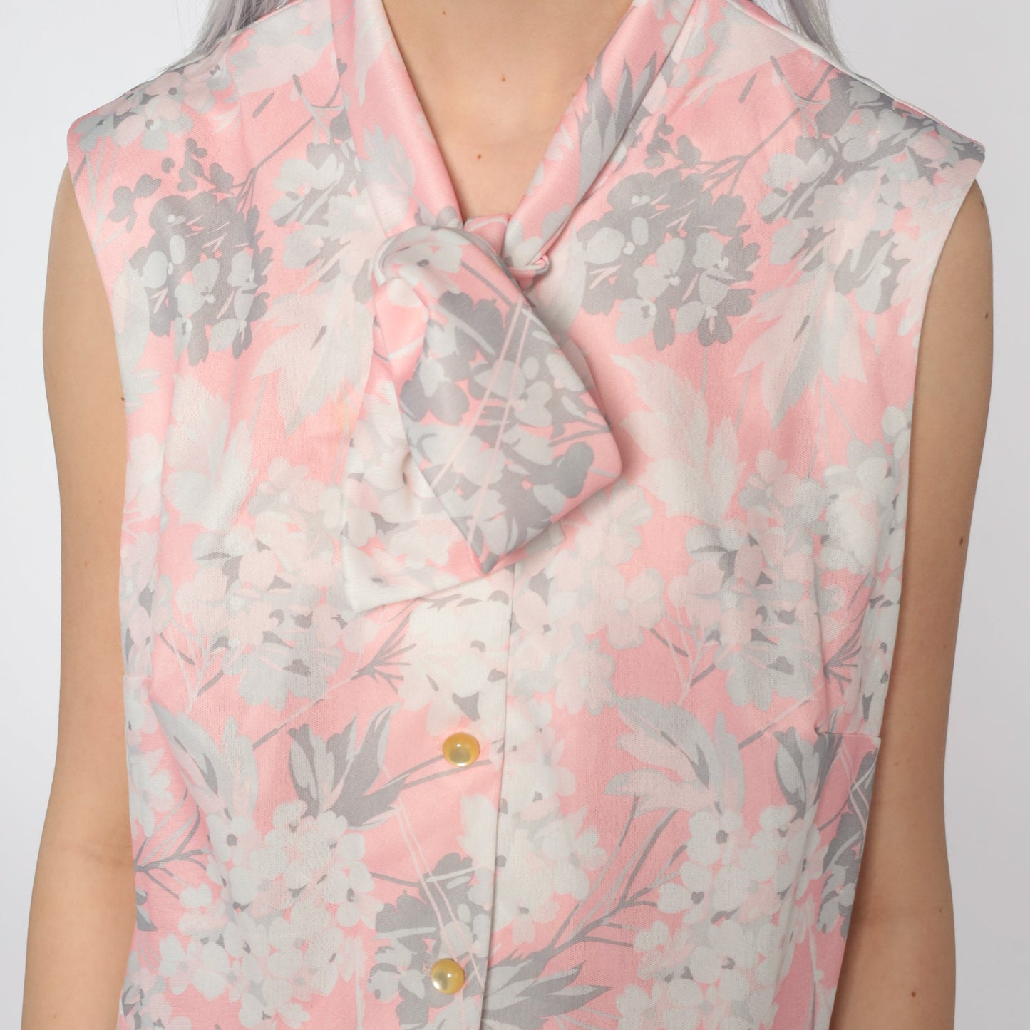 70s Floral Mini Dress Pink White Grey Button-Up High Waist Sleeveless Extra Large