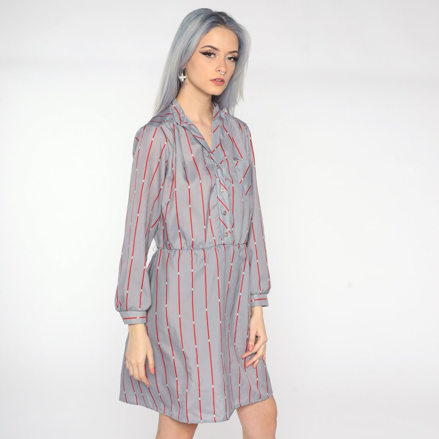 80s Striped Button-Up Mini Dress Grey Red Shirtdress Medium