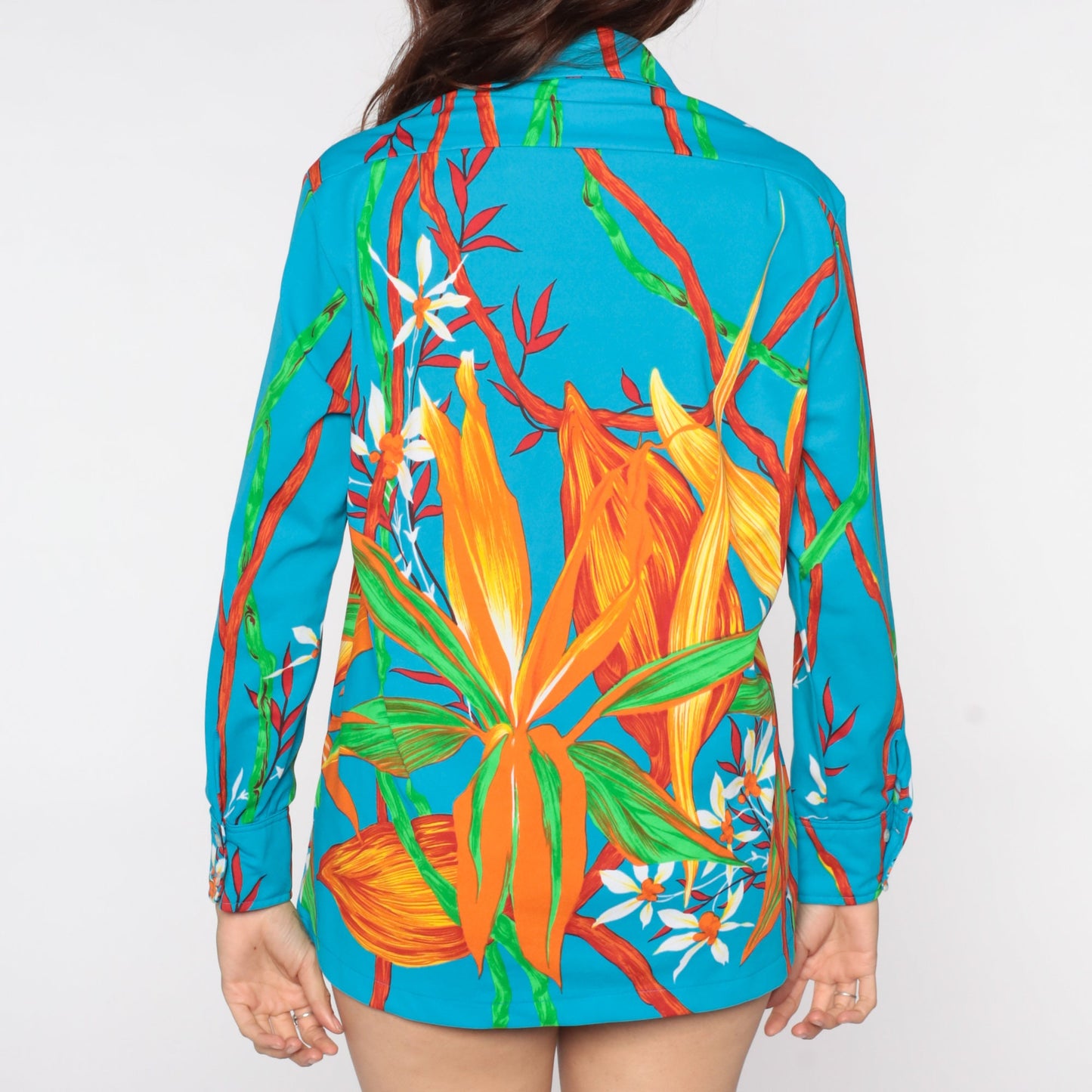 70s Blue Floral Button-Up Shirt Pointed Collar Long Sleeve Unisex Medium Large