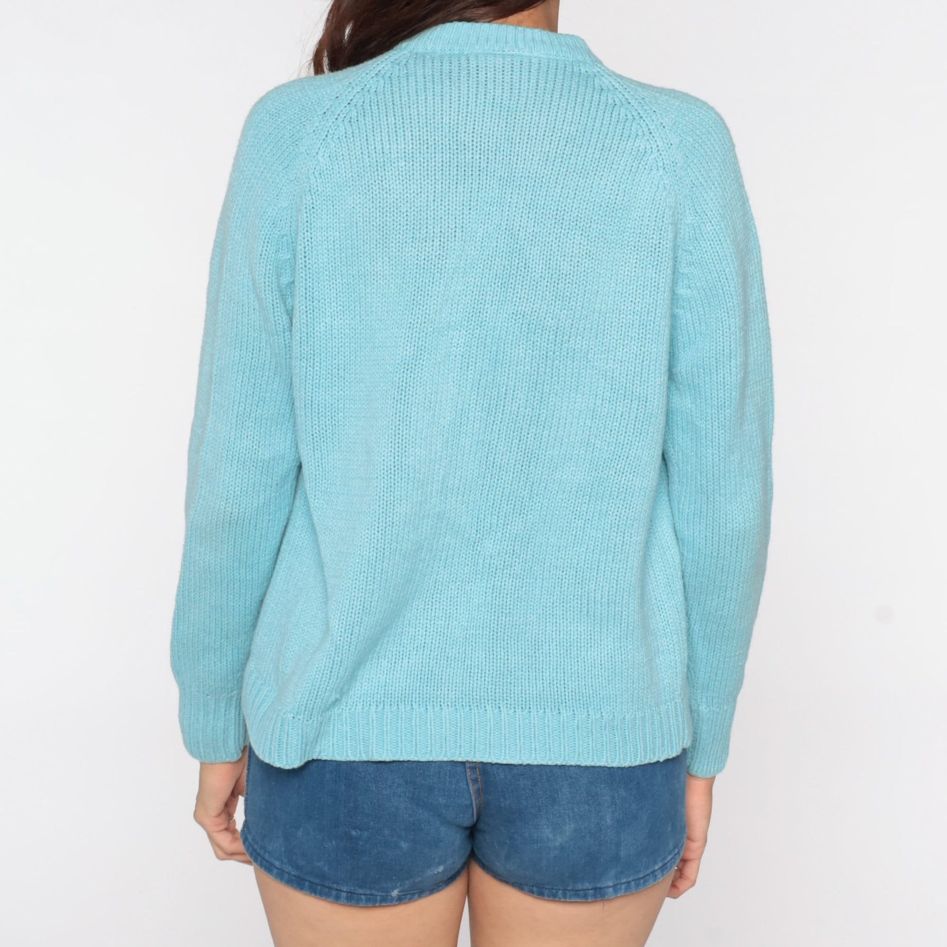 70s Cable Knit Cardigan Baby Blue Button-Up Raglan Sweater Large