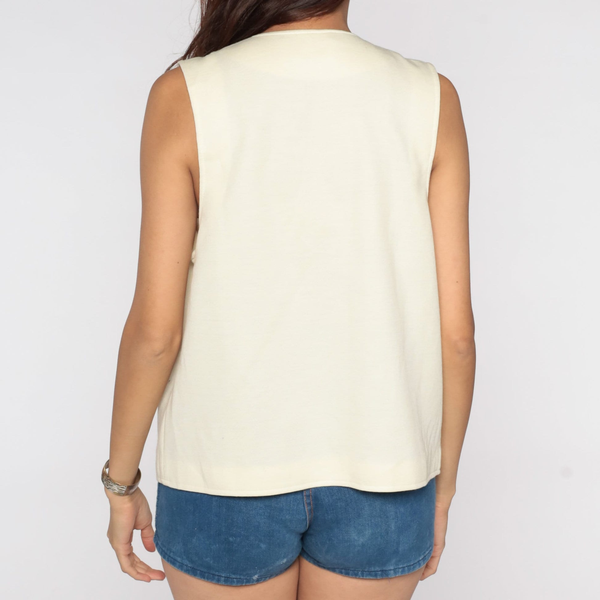 70s Cream Open Front Sleeveless Vest Large L