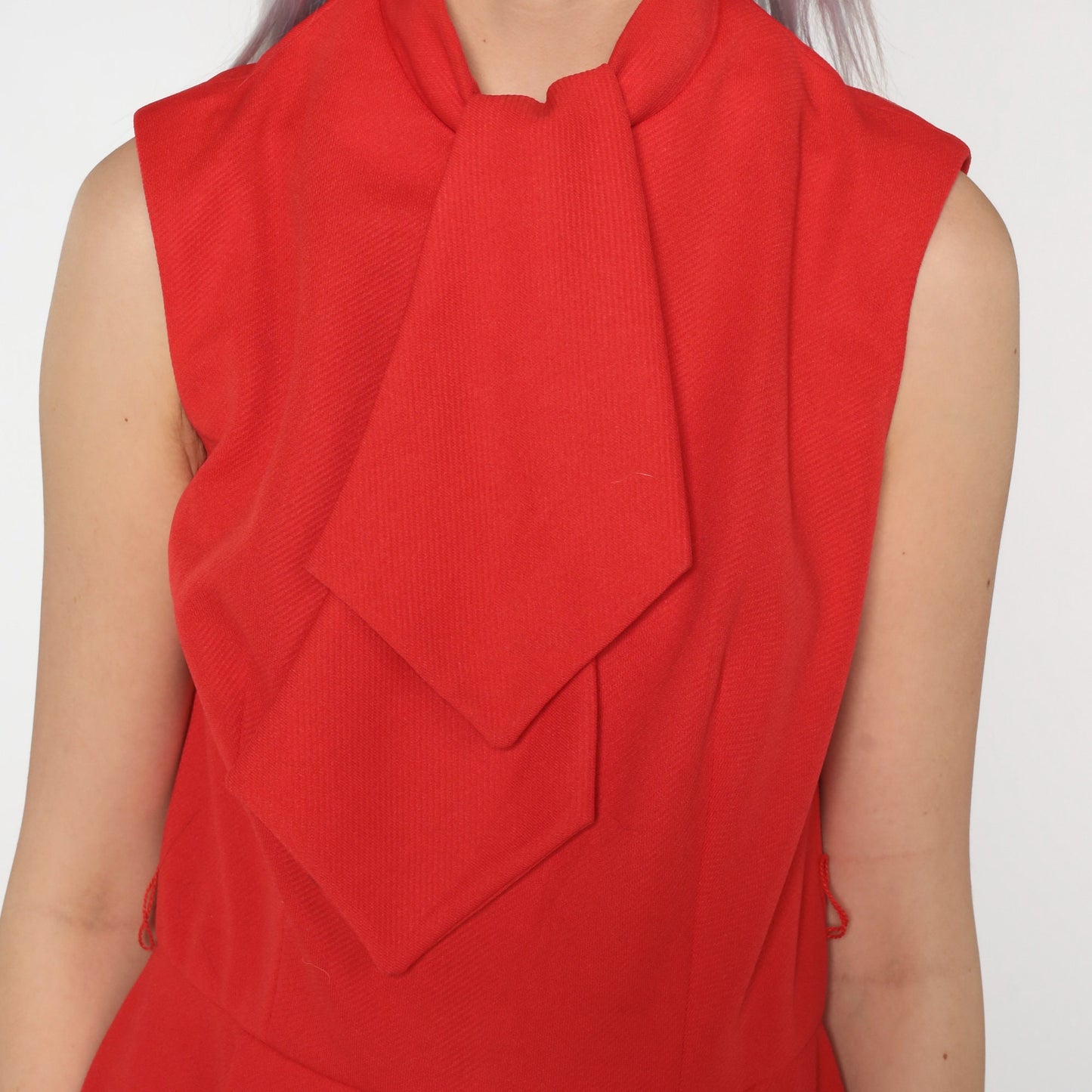 60s Mod Dress Red Ascot Shift Knee-Length Pleated Polyester Small S