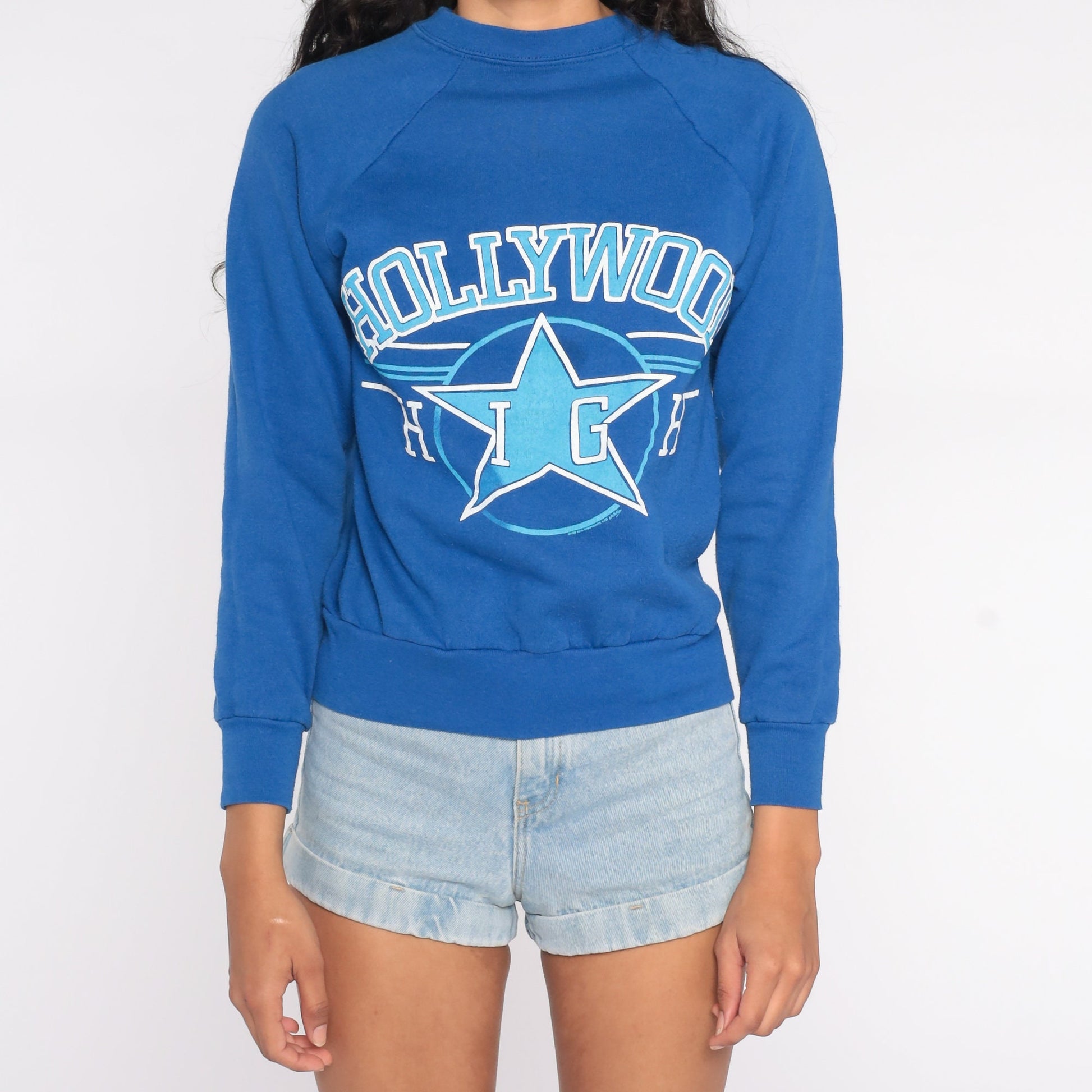 80s Hollywood High Sweatshirt Royal Blue Graphic Raglan Pullover Small