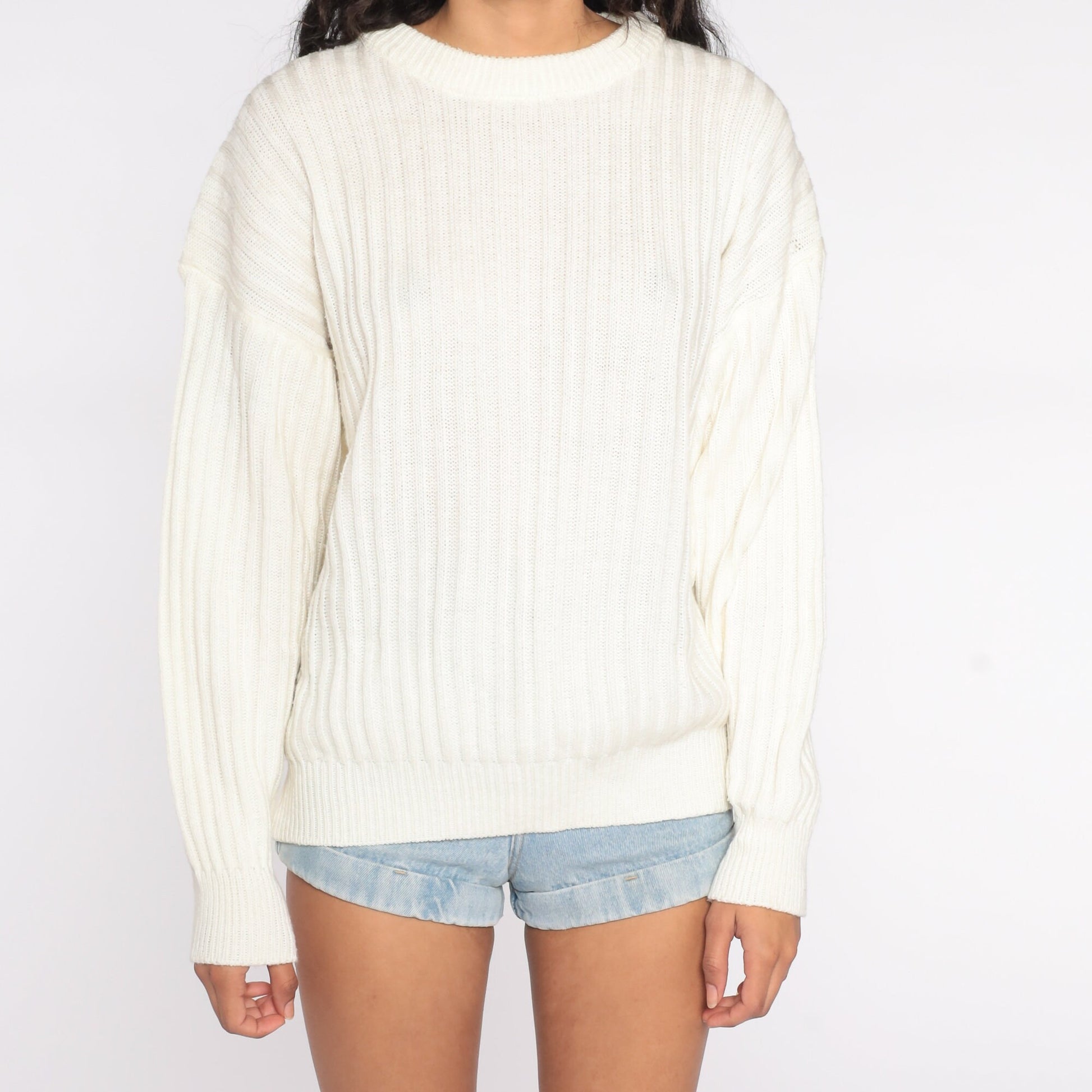 80s Ribbed Cream Knit Crewneck Sweater Men's Large L