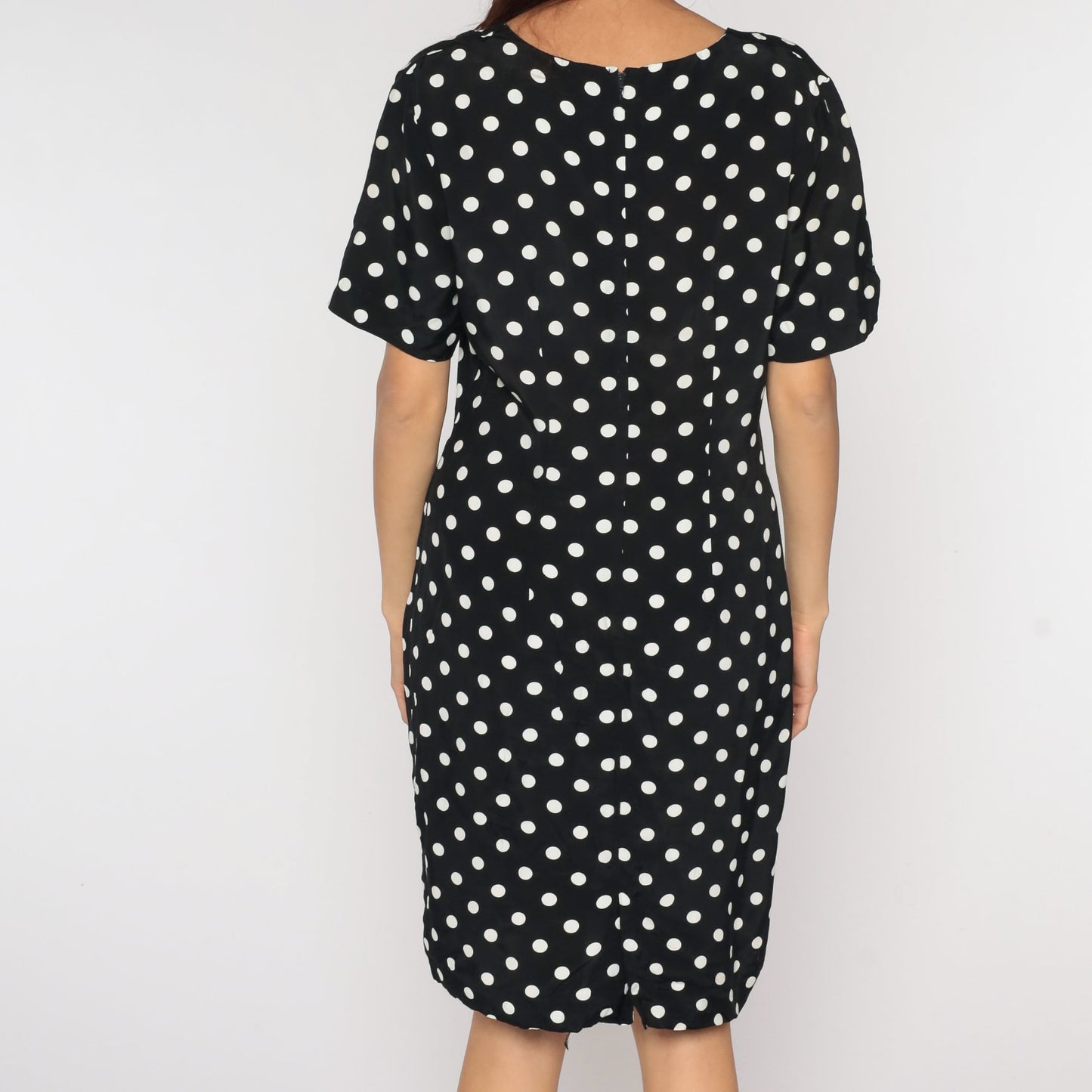 90s Polka Dot Mini Dress Black White Shift Short Sleeve Medium