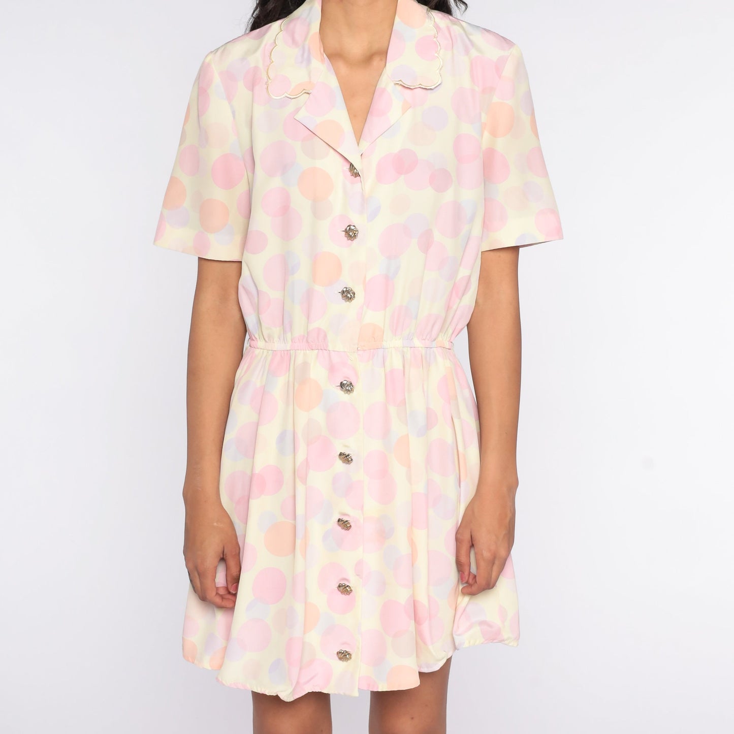 80s Polka Dot Button-Up Mini Dress High Waist Pink Purple Medium Large