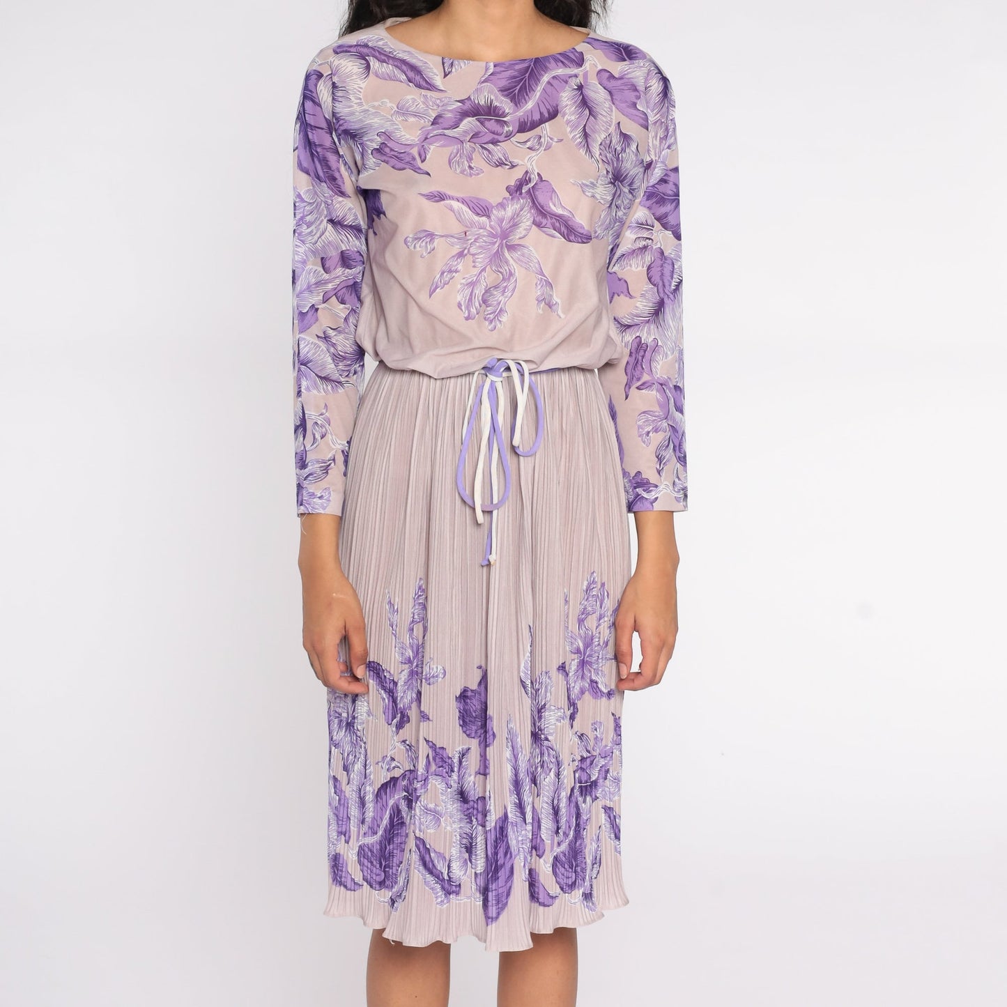 70s Lavender Floral Midi Dress High Waist Pleated Long Sleeve Small Medium