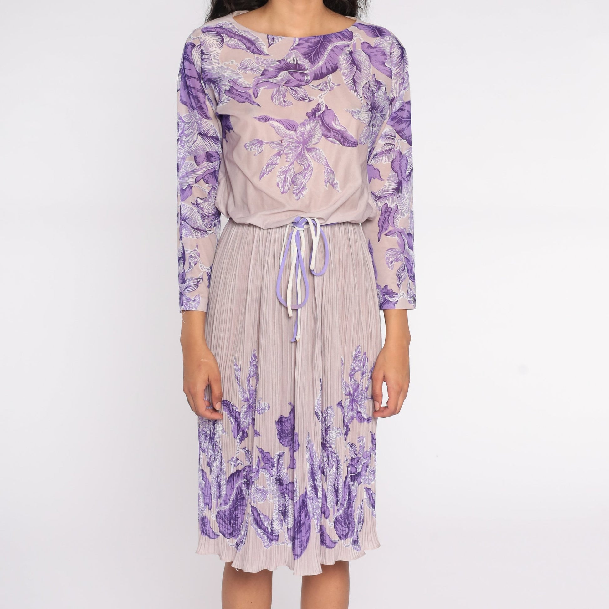 70s Lavender Floral Midi Dress High Waist Pleated Long Sleeve Small Medium
