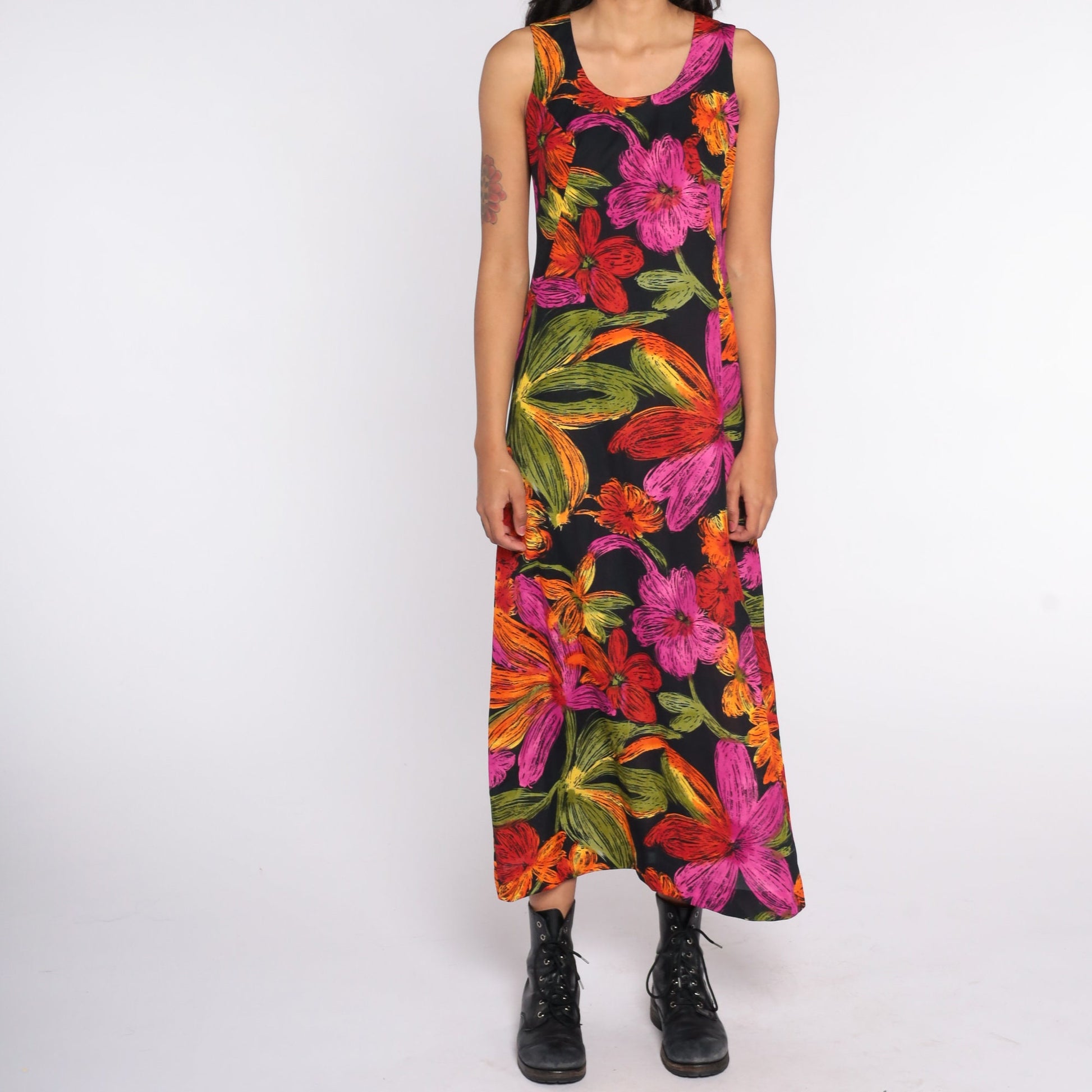 90s Floral Maxi Sundress Sleeveless Shift Black Red Pink Small Medium