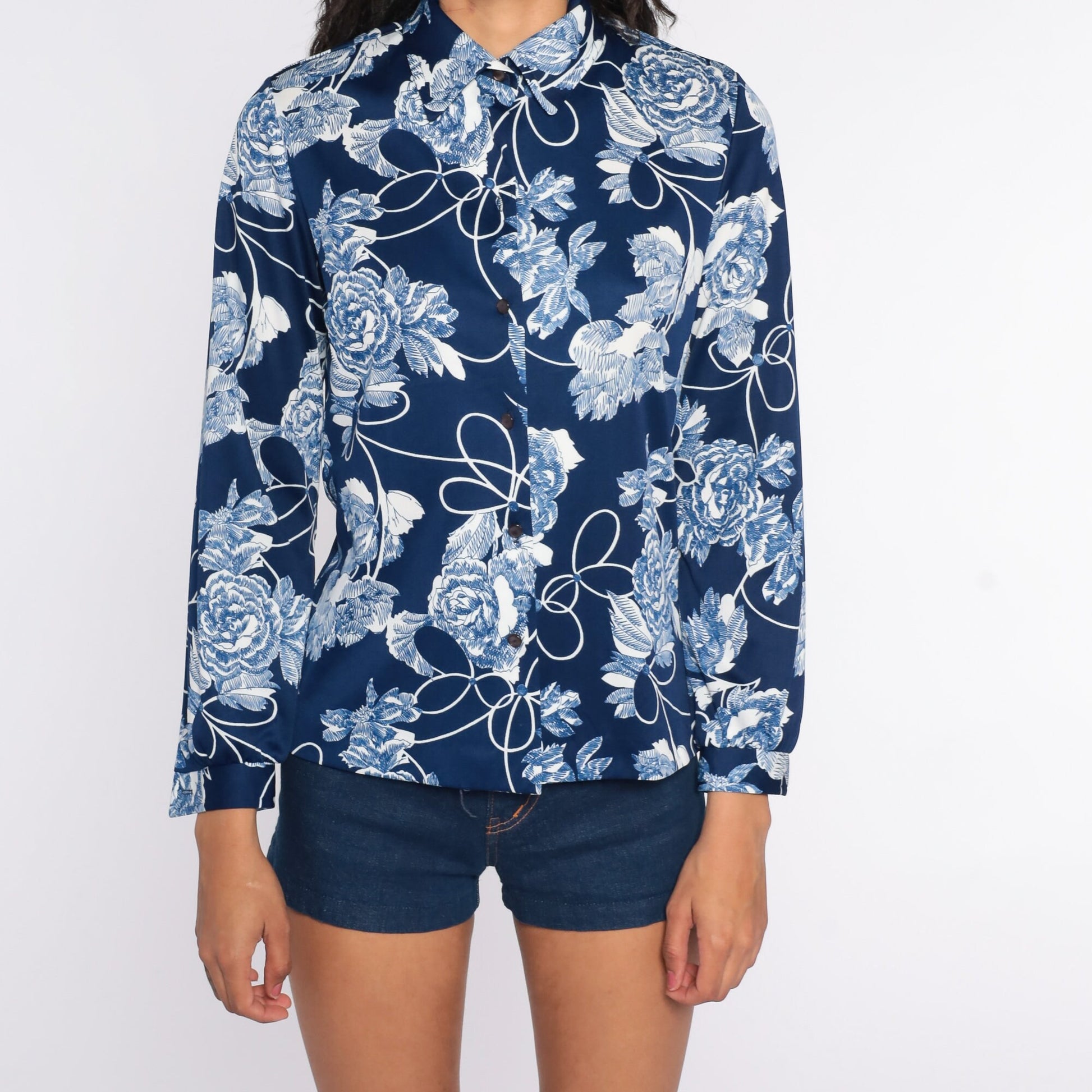 70s Blue Floral Button-Up Shirt Long Sleeve Disco Blouse Small S