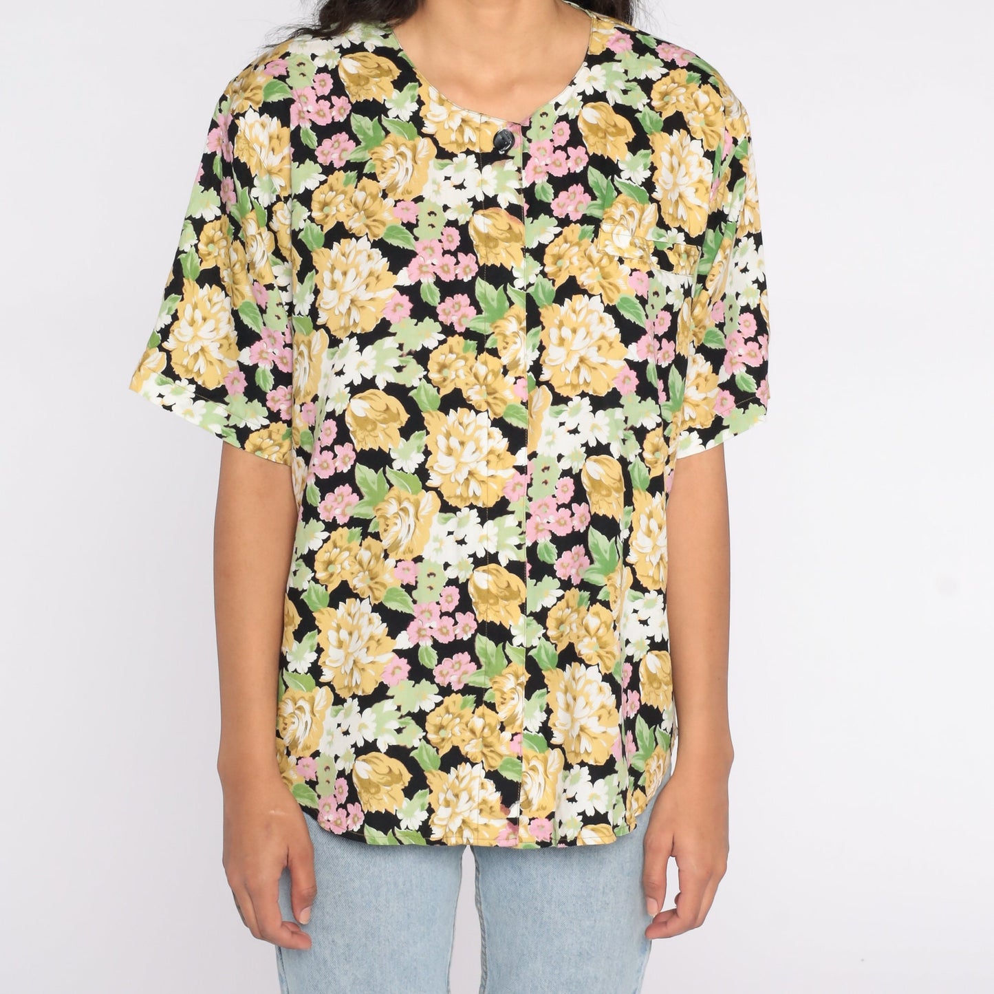 90s Black Floral Button-Up Shirt Short Sleeve Blouse Extra Large XXL