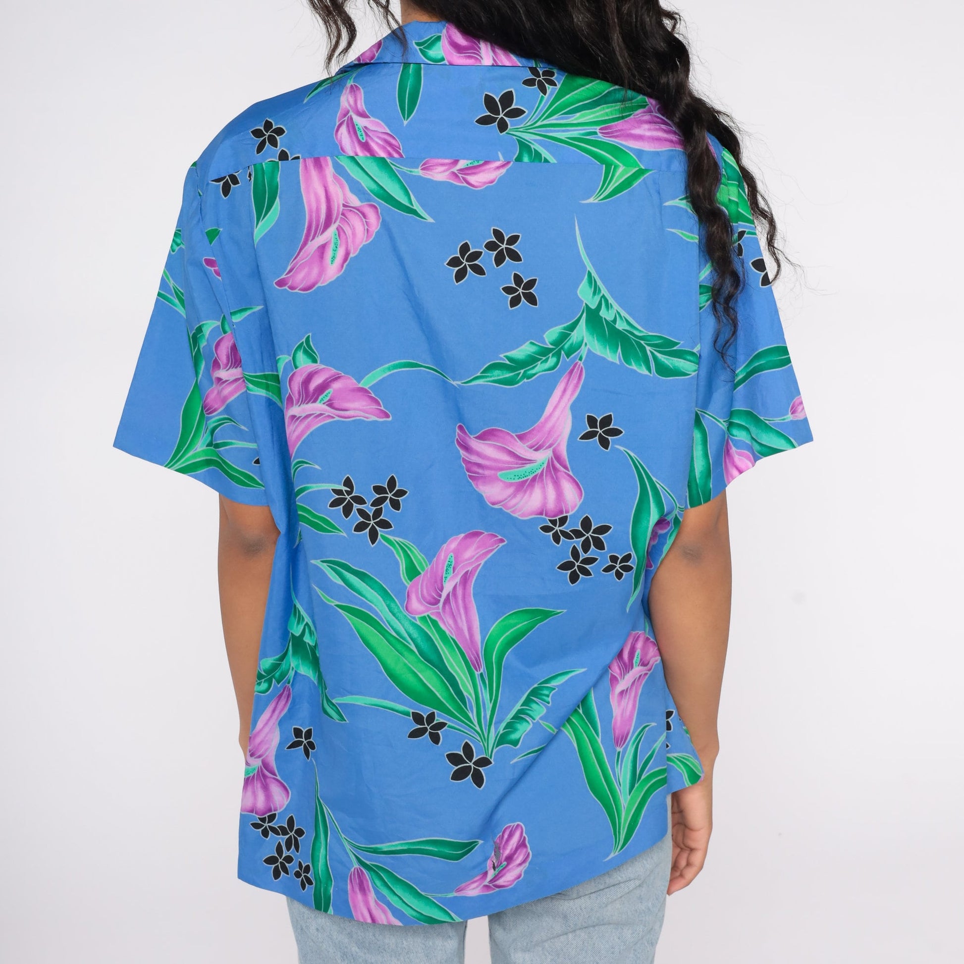 80s Hilo Hattie Tropical Floral Button-Up Shirt Blue Purple Green Large