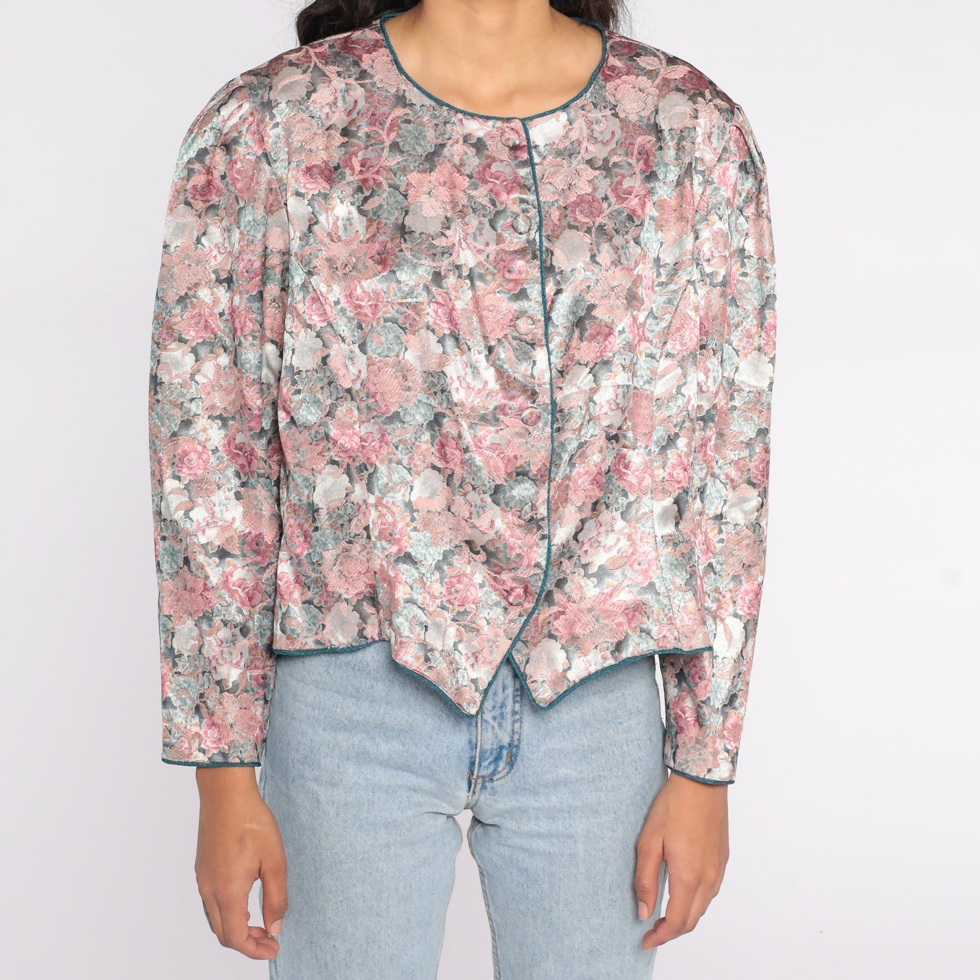 80s Tapestry Floral Button-Up Blouse Pink Puff Sleeve Shirt Large
