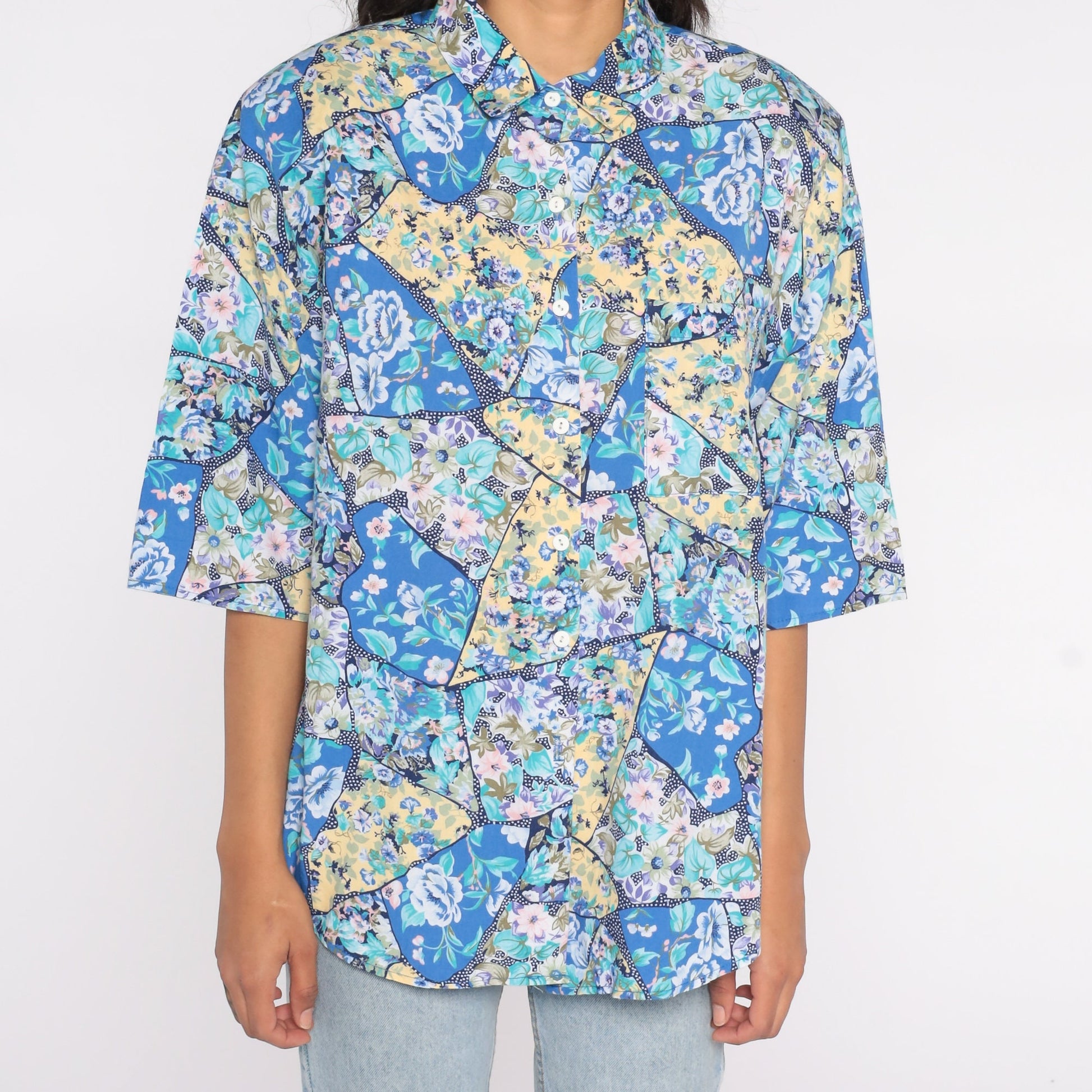 80s Floral Button-Up Blouse Blue Yellow Short Sleeve Shoulder Pads Plus Size 18W