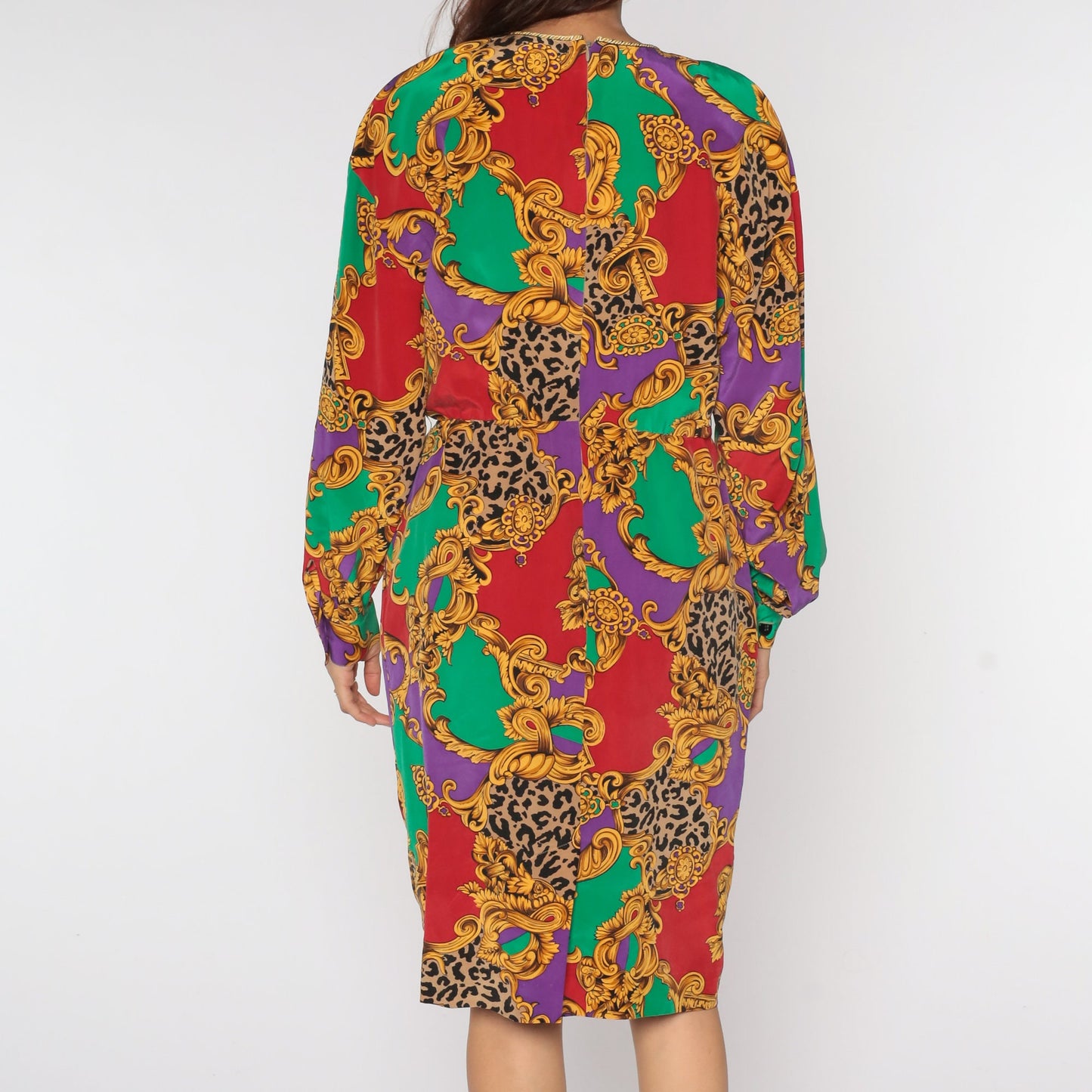 80s Silk Baroque Leopard Print Dress Long Sleeve Pleated Midi Red Purple Medium