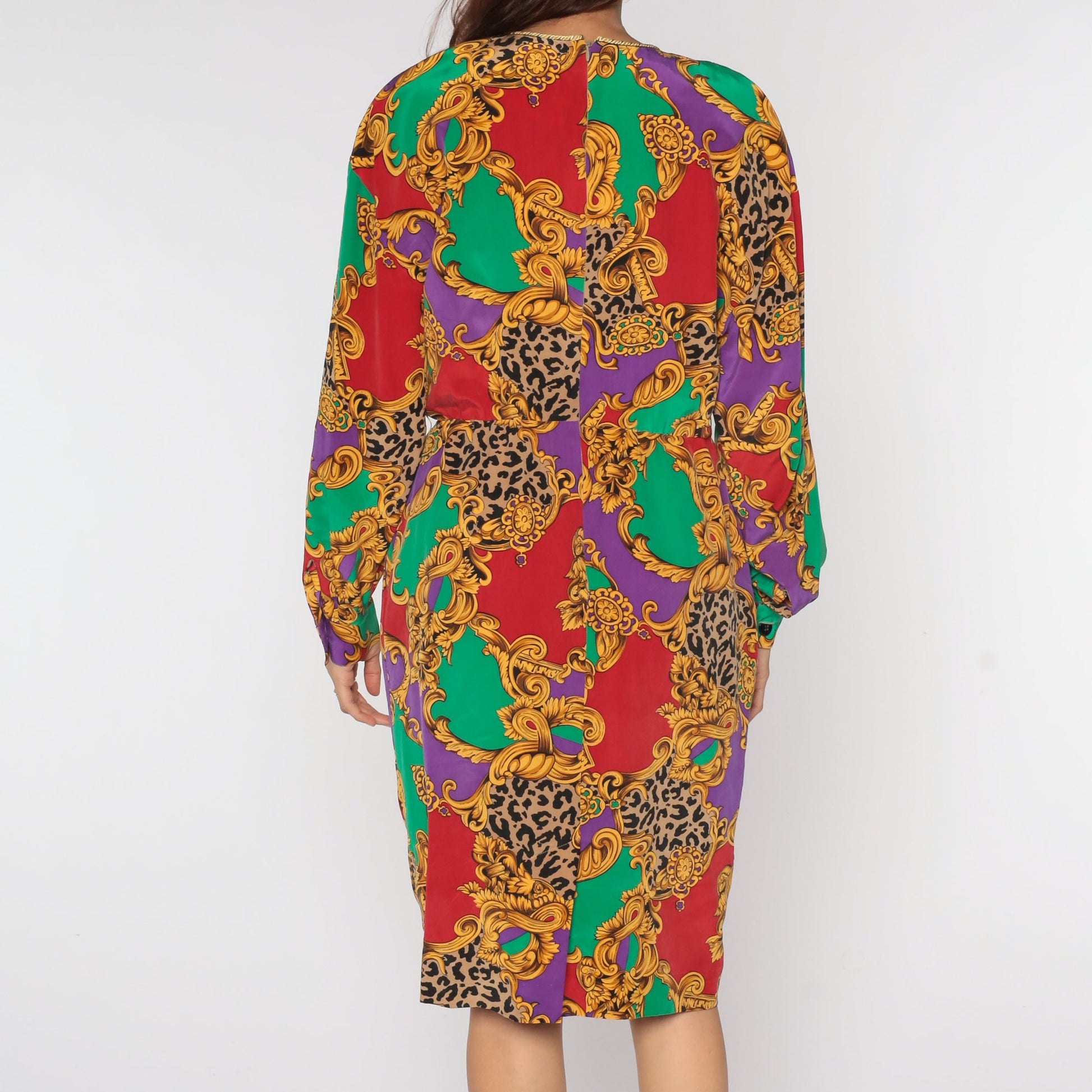 80s Silk Baroque Leopard Print Dress Long Sleeve Pleated Midi Red Purple Medium